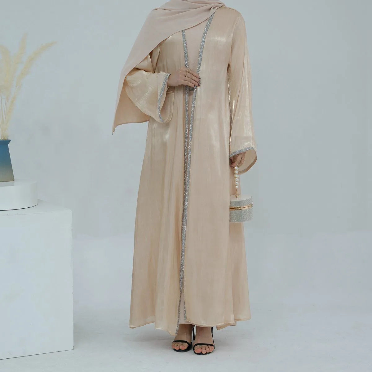 2-Piece Hotfix Rhinestone Sparkling Open Abaya Dress Set with Inner Dress - Perfect for Weddings, Parties & Special Occasions