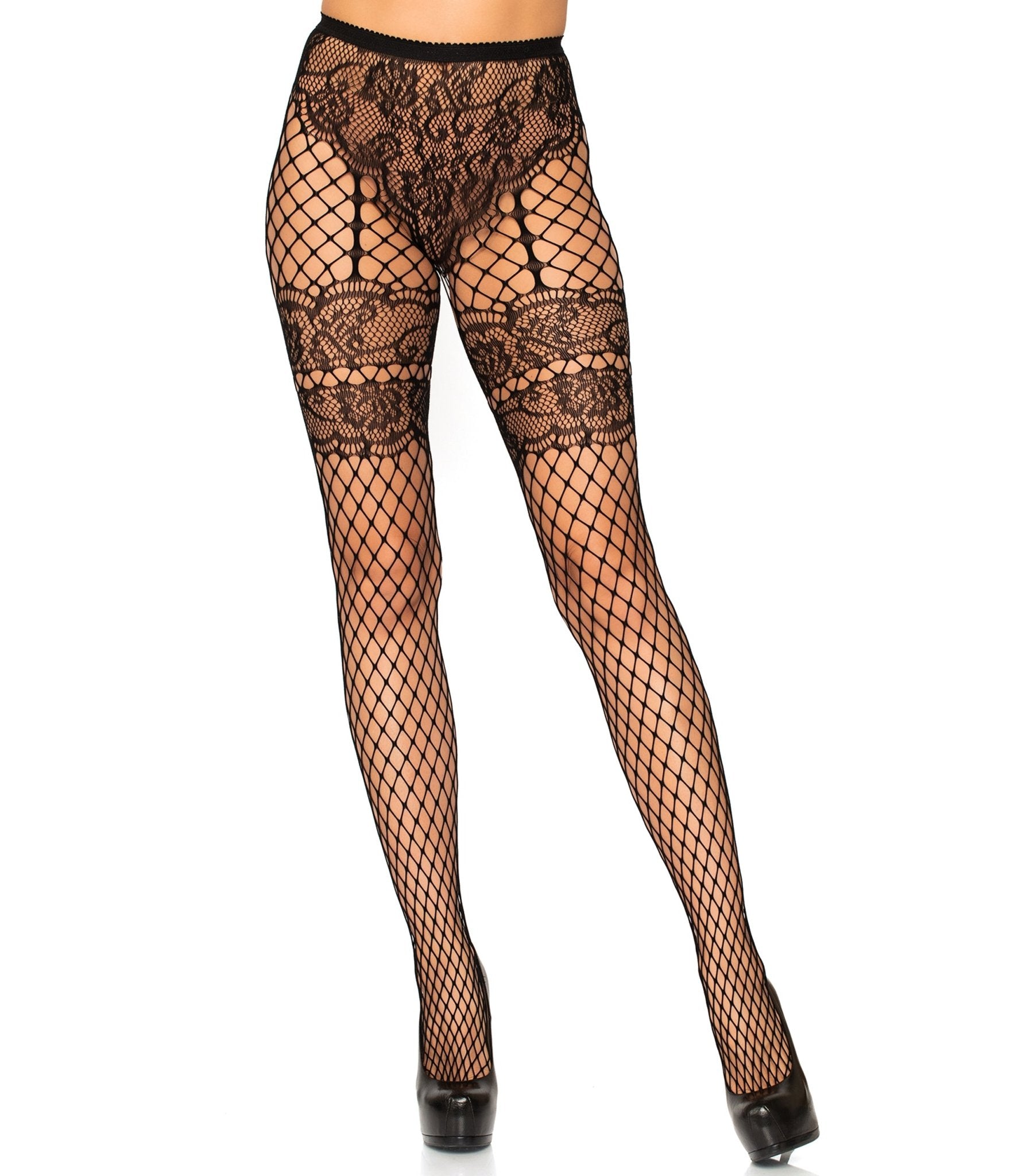 Leg Avenue Sheila Lace Faux Garter Fishnet Tights - Sexy Lingerie Stockings for Women, Halloween Costume Accessories & Boudoir Photography