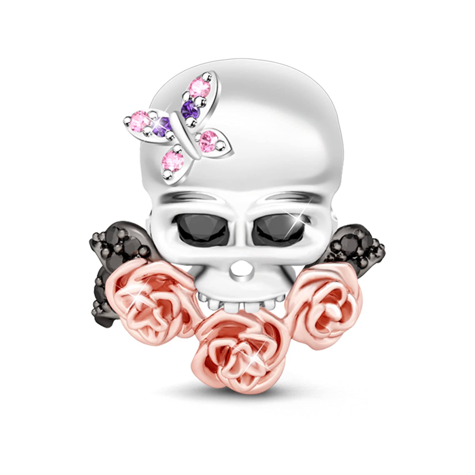 GNOCE 925 Sterling Silver Sugar Skull Charm with Butterfly & Rose Gold Flowers - Dainty Jewelry Charm for Bracelets & Necklaces - Perfect for Day of the Dead, Boho Fashion & Gift Giving