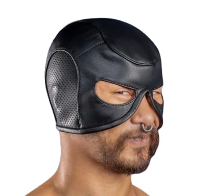 Black Leather Hood & Sensory Deprivation Mask - Premium Fetish Wear for BDSM, Cosplay & Role Play - Breathable Spandex Lining for Comfort