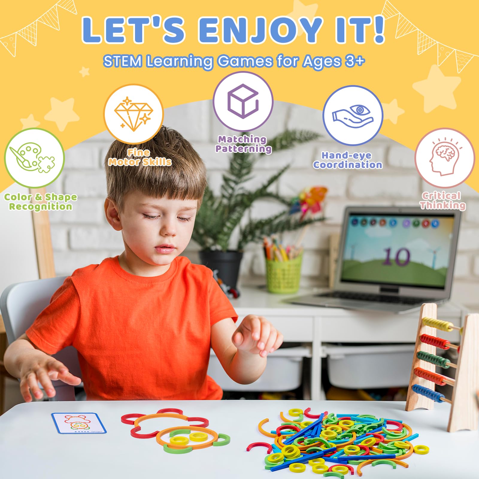 120pcs Wooden Pattern Blocks, Sticks & Rings - Montessori Educational STEM Toys for Kids Ages 3-5 | Brain Teaser Puzzle, Tangram Learning Game for Toddlers Boys & Girls | Perfect for Preschool Classroom, Homeschooling & Birthday Gifts