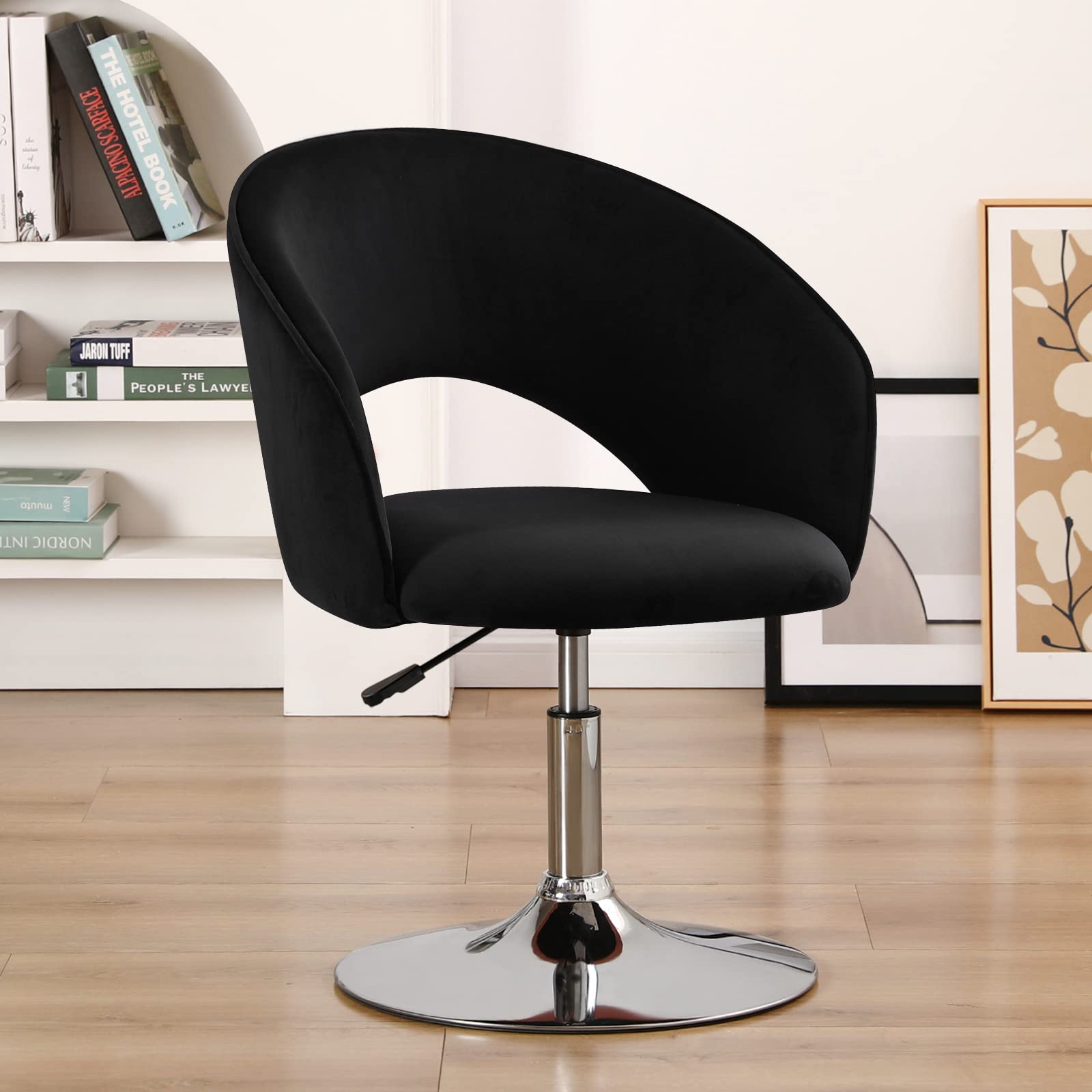 Furnimart Adjustable Black Velvet Vanity Chair with Back - Swivel Makeup Stool with Chrome Frame & Hollow Backrest - Accent Chair for Living Room, Bedroom, Dressing Table - Perfect for Makeup, Reading & Relaxing (Black)