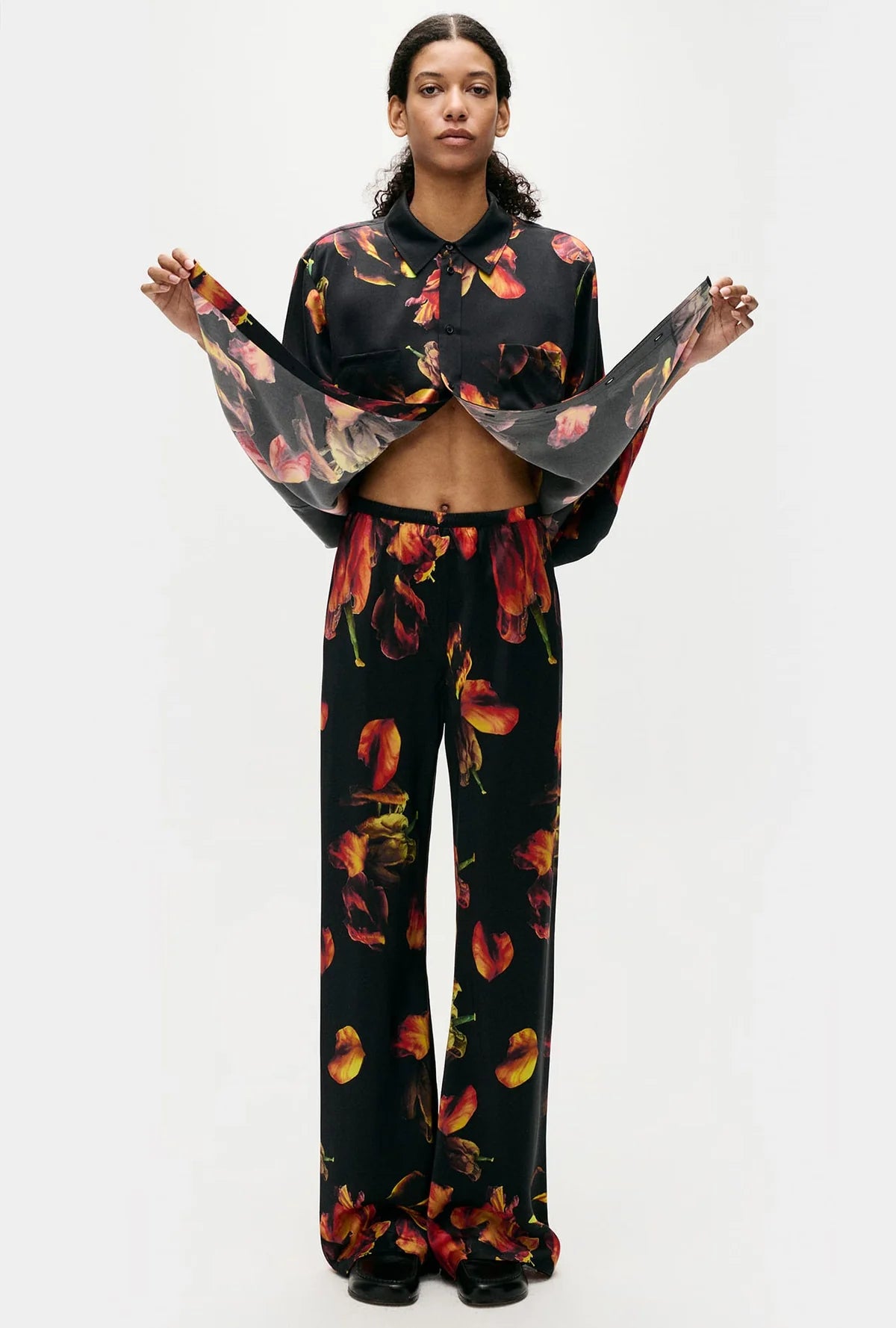 Bias Cut Tulip Hem Pants for Women - Elegant Black High Waisted Wide Leg Trousers for Office, Party & Casual Wear