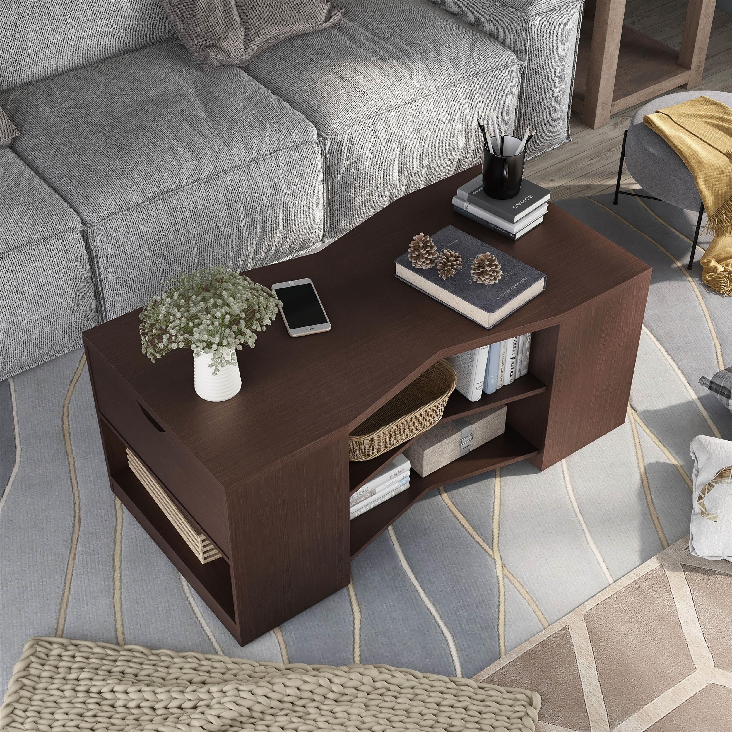 Sima Modern Walnut Wood Storage Coffee Table by Furniture of America - Perfect for Living Room, Office & Small Spaces