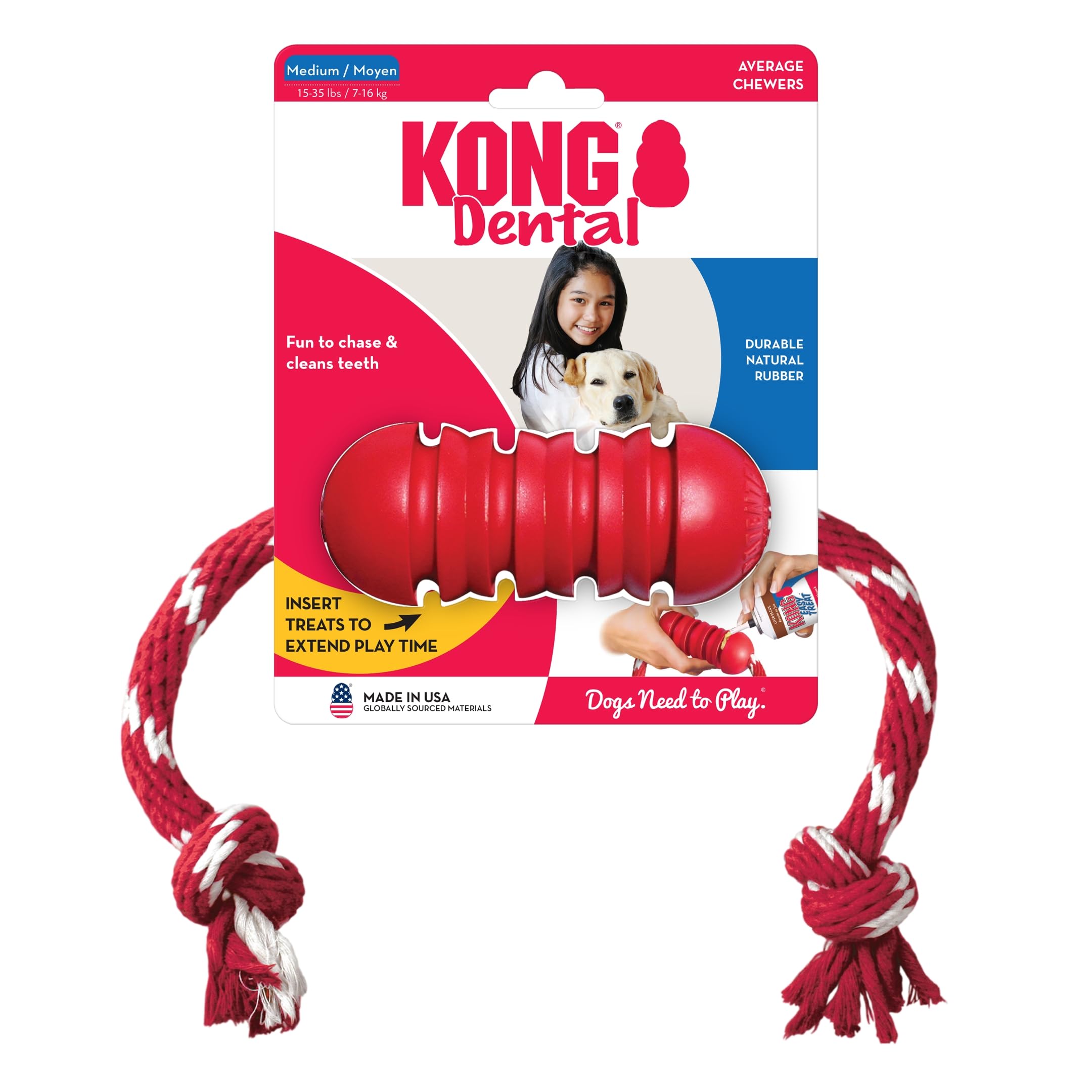 Durable KONG Dental Chew Toy with Rope for Medium Dogs - Natural Rubber Teething & Gum Cleaning Toy - Stuffable Interactive Dog Chew for Dental Care - Satisfies Chewing Instincts & Promotes Oral Health - Perfect for Playtime, Training Rewards and Anxiety Relief