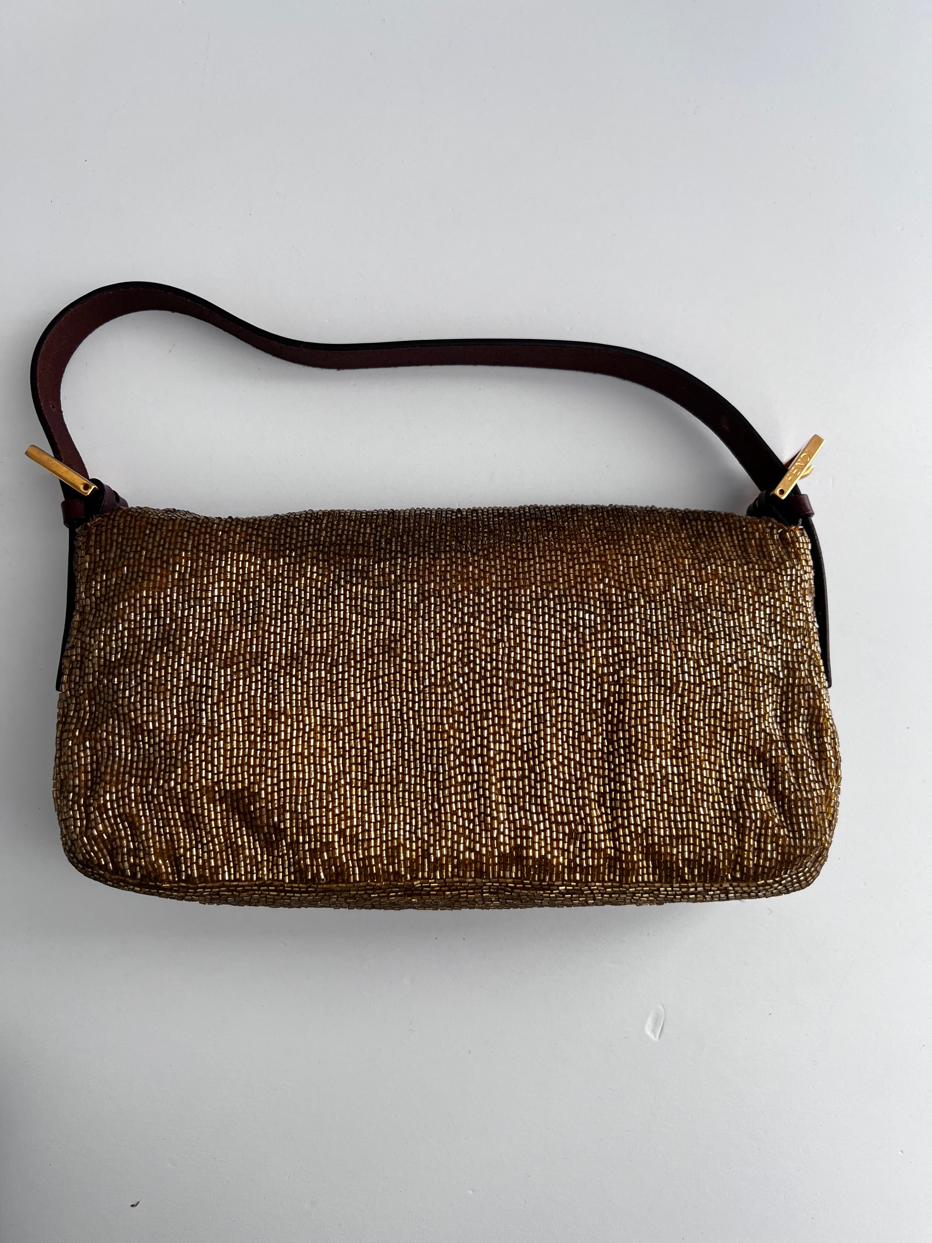 Fendi Gold Beaded Baguette Bag - Luxury Designer Crossbody Purse for Women | Perfect for Parties, Weddings & Evening Events