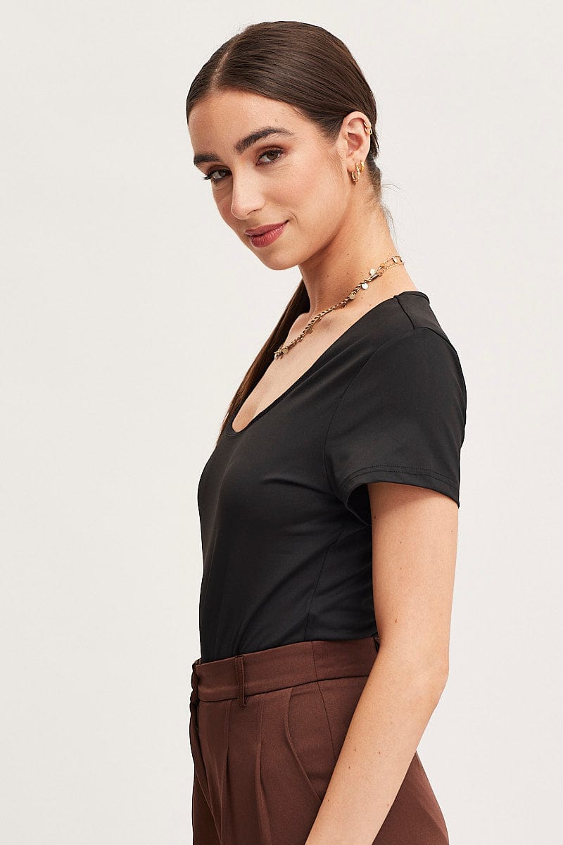Women's Black Bodysuit Short Sleeve Square Neck T-Shirt - Sexy Basic Stretchy Tank Top for Layering, Workout & Everyday Wear