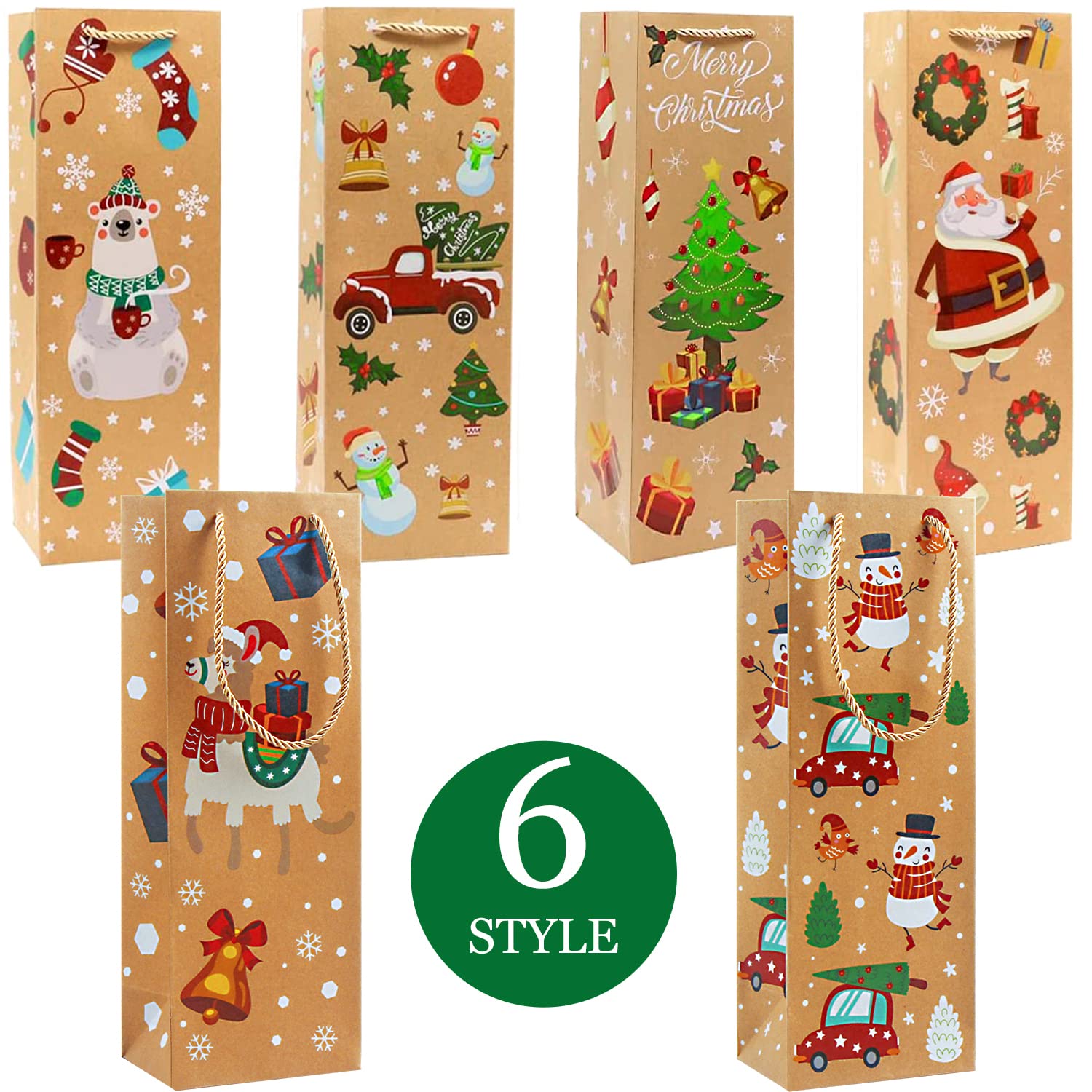 12 Pack Christmas Wine Gift Bags with Handles - Kraft Holiday Wine Bottle Bags for Party Favors & Gifts - Perfect for Christmas Parties, Hostess Gifts & Wine Exchanges