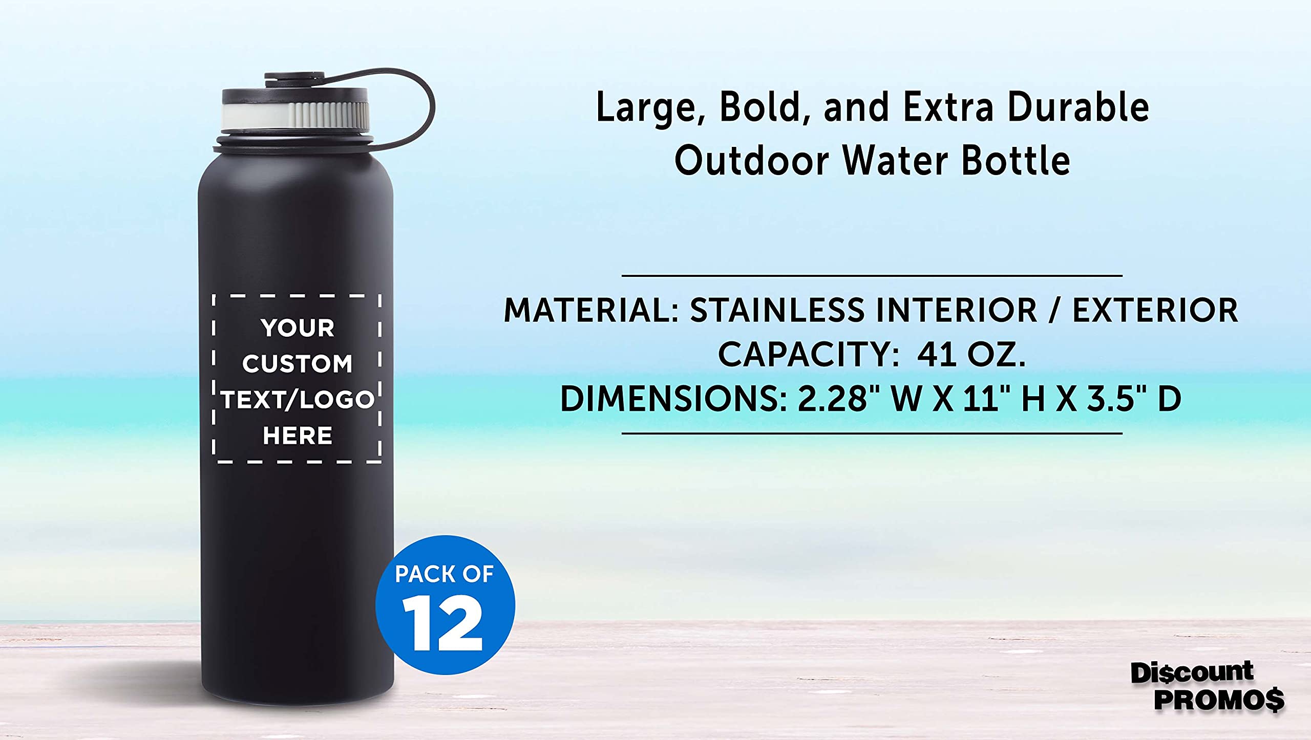 12 Pack 41 oz Stainless Steel Vacuum Insulated Water Bottles - Double Wall Thermal, Custom Text & Logo, Black - Perfect for Gym, Hiking, Camping & Office Use