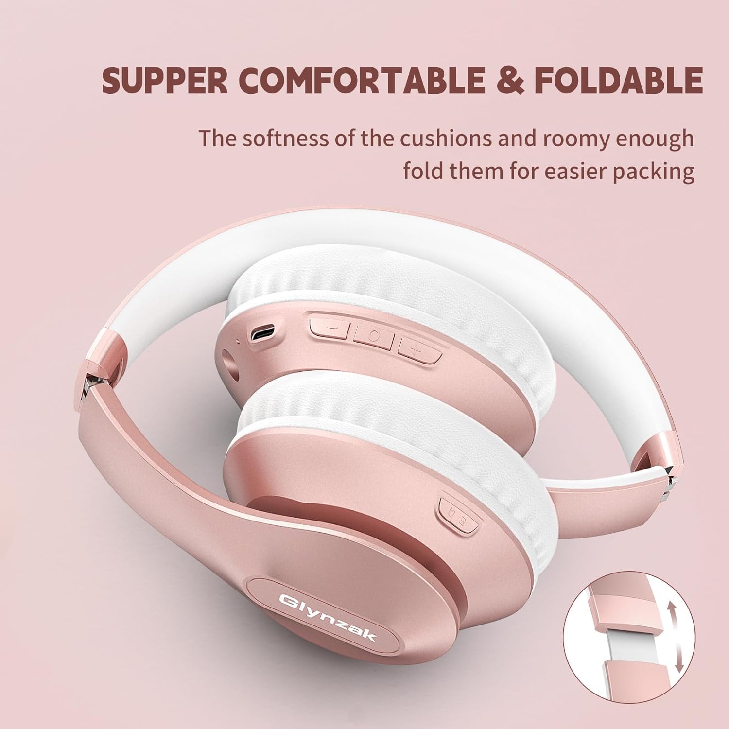 Premium Wireless Bluetooth Headphones Over-Ear with 65H Playtime, HiFi Stereo & Built-in Mic - 6 EQ Modes, Foldable Design, Bluetooth 5.3 for Travel, Work, Gaming (Rose Gold) - Perfect for Commuting, Office & Home Entertainment