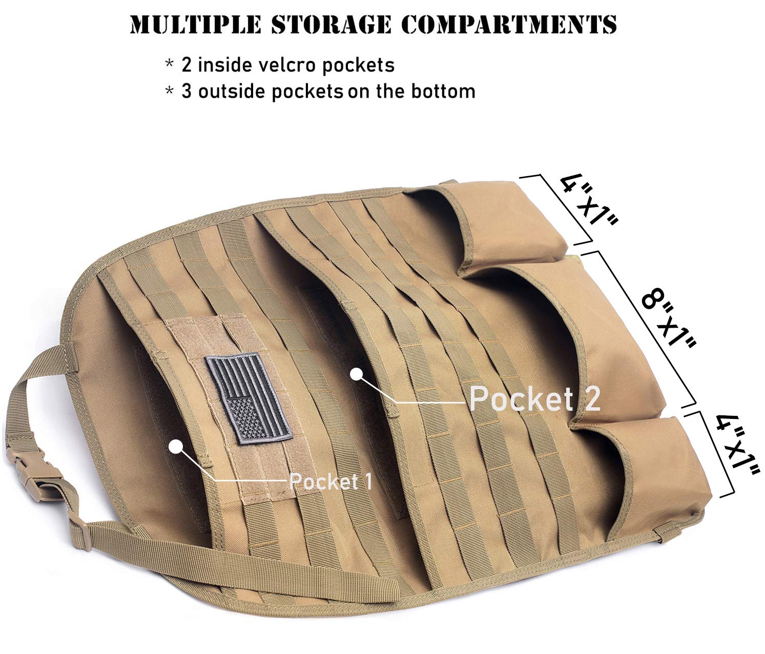Tactical Car Seat Back Organizer - Universal Fit Molle Vehicle Panel with Extra USA Flag Patch, 2 Pack Coyote Brown - Perfect for Road Trips, Camping & Outdoor Adventures