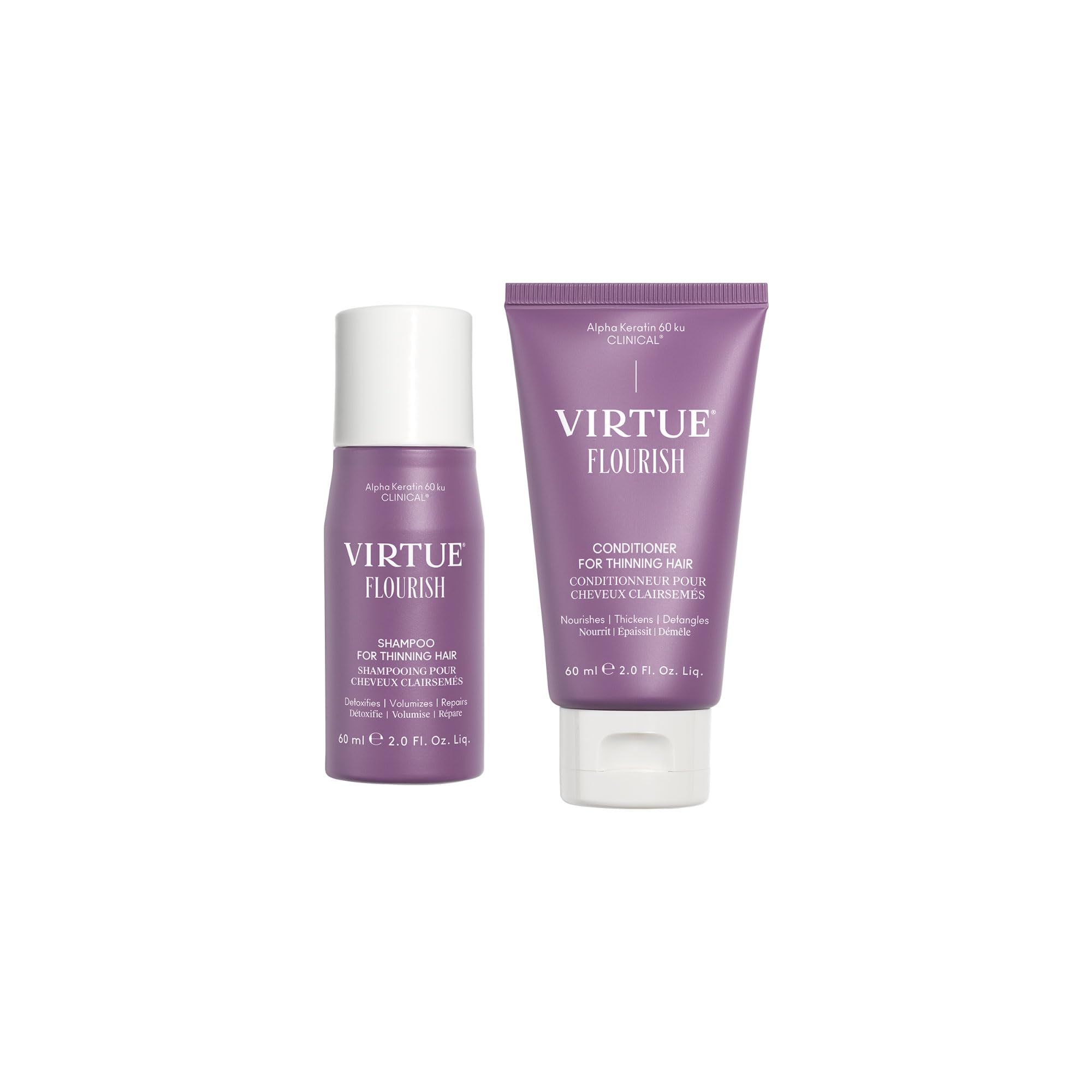 Virtue Flourish Shampoo & Conditioner Set for Fine/Thinning Hair - Sulfate-Free Hair Growth Treatment - Travel Size (2.5oz) - Volumizing & Strengthening for Daily Use at Home or On The Go