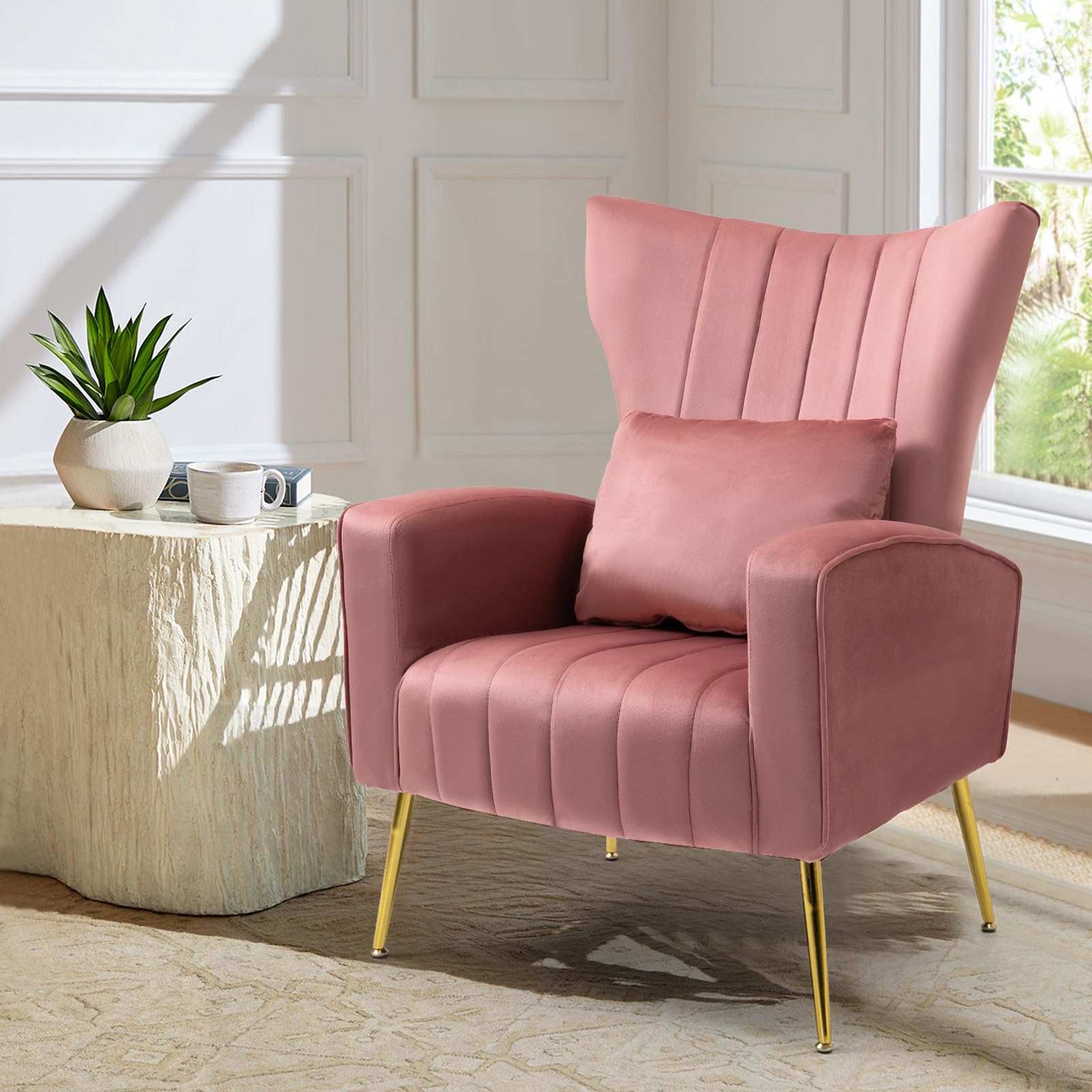 X-VOLSPORT Velvet Accent Chairs Set of 2 - Mid Century Modern High Back Living Room Chairs with Waist Pillow, Upholstered Armchairs with Gold Metal Legs for Bedroom, Club, Office & Lounge - Soft Pink Velvet Fabric for Cozy Home Decor