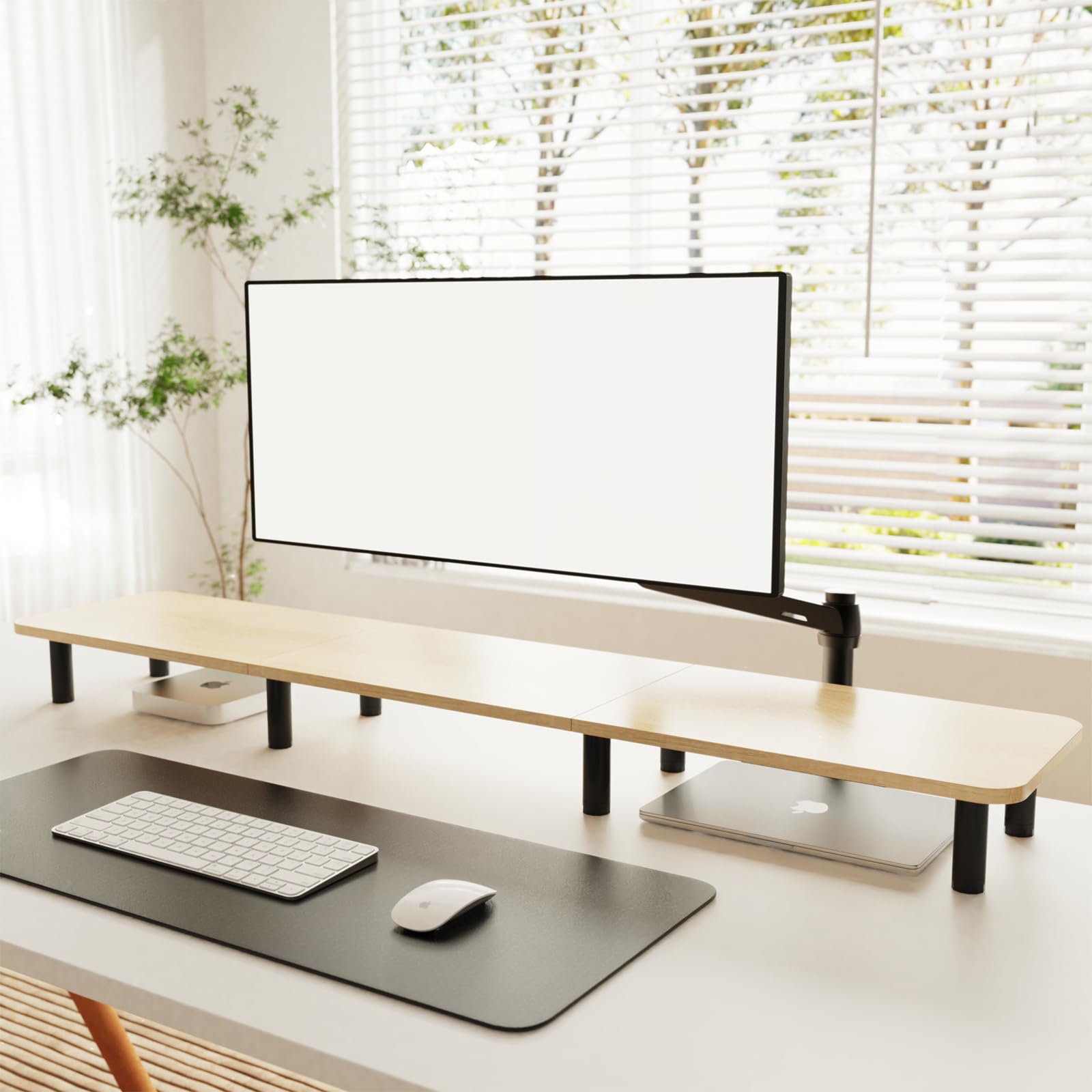 WEGASTU 43.7 Inch Extra Long Dual Monitor Stand Riser - Adjustable Height Wood & Steel TV Stand for 2 Monitors - Wide Desktop Organizer for Home Office Setup (Natural Finish) - Perfect for Multi-Screen Workstations and Ergonomic Workspaces