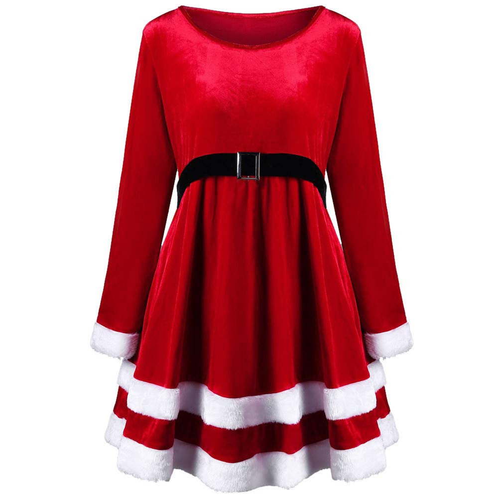 FORUU Women's Christmas Velvet Long Sleeve Crew Neck Red Party Dress - Holiday Festive Outfit for Xmas Parties, Family Gatherings & Winter Celebrations