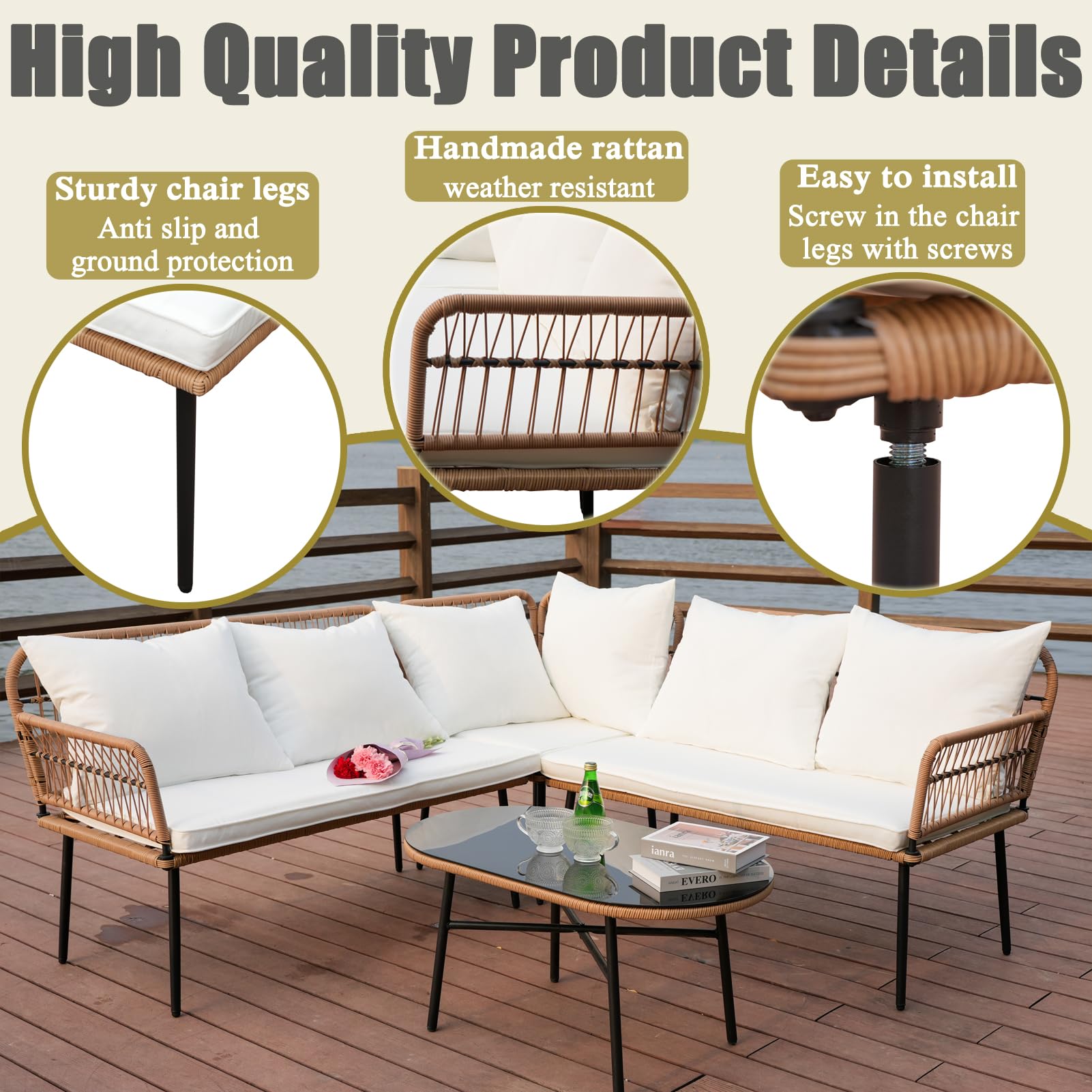 Homsido 4-Piece Boho Patio Sectional Furniture Set - Water-Resistant PE Wicker Sofa Chairs with Rectangular Side Table & White Cushions for Outdoor/Indoor Use - Perfect for Garden, Poolside, and Living Room Conversations