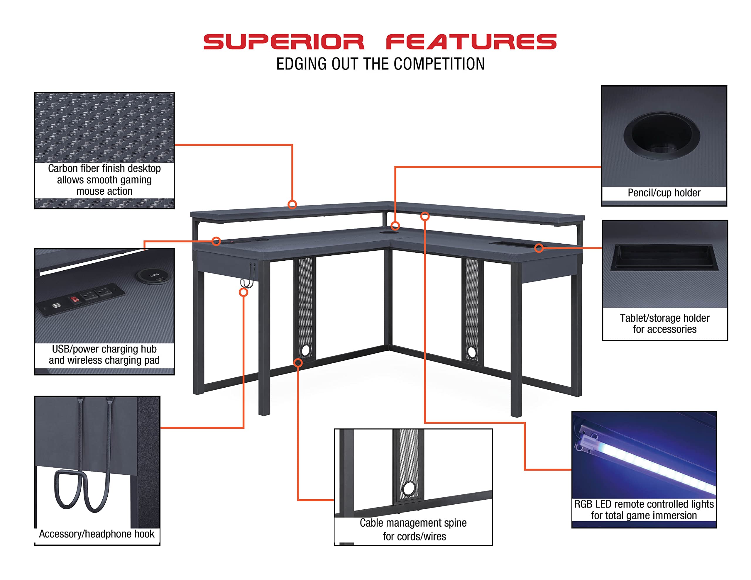 OSP Home Furnishings L-Shape Gaming Desk with RGB LED Lights, Power Hub & Cable Management System - Black | Perfect for PC Gaming Setup, Home Office & Streaming Stations