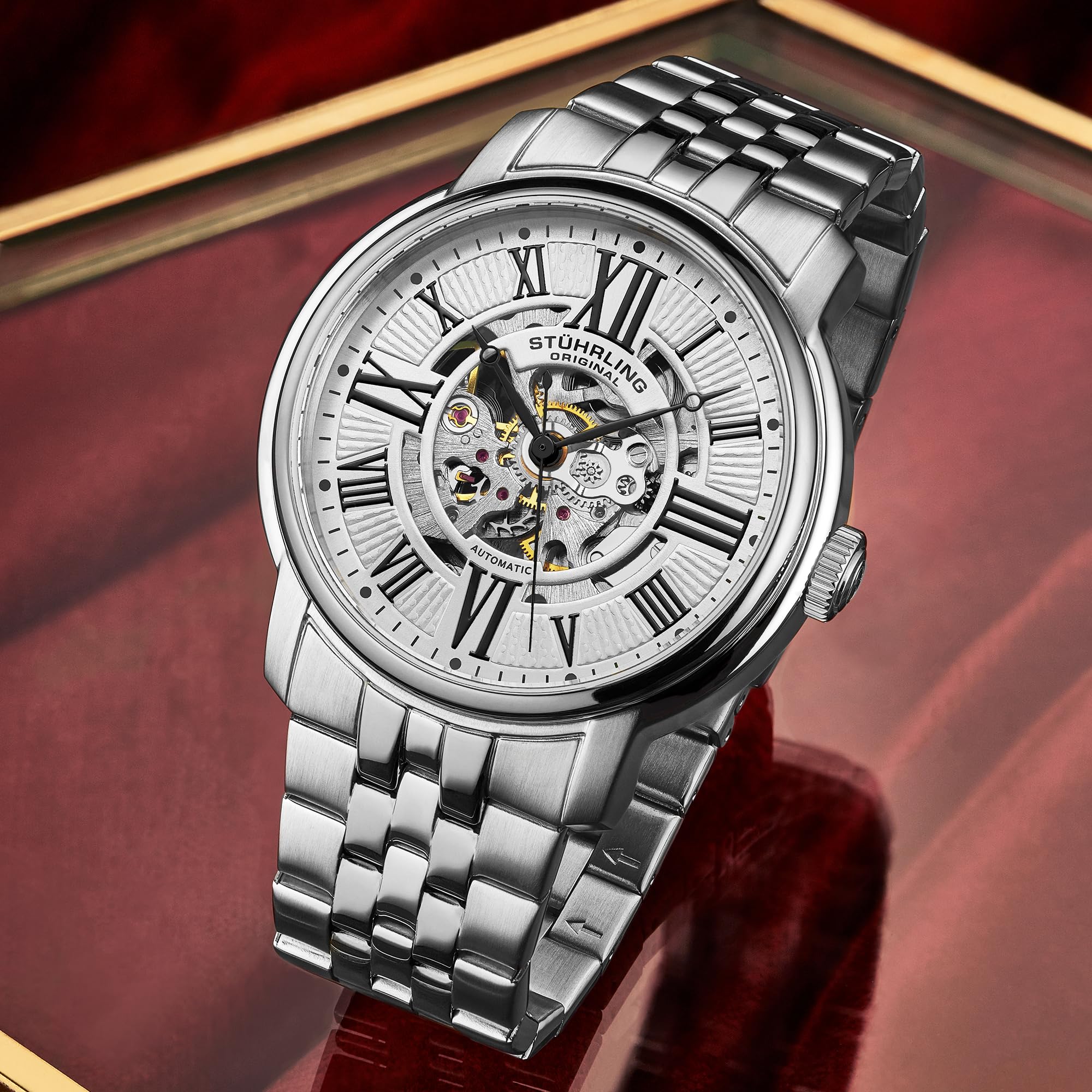 Stuhrling Atrium Men's Automatic Skeleton Watch - Silver Dial, Stainless Steel Bracelet with Roman Numerals, Exhibition Case Back - Perfect for Business, Formal Events & Luxury Gift Giving