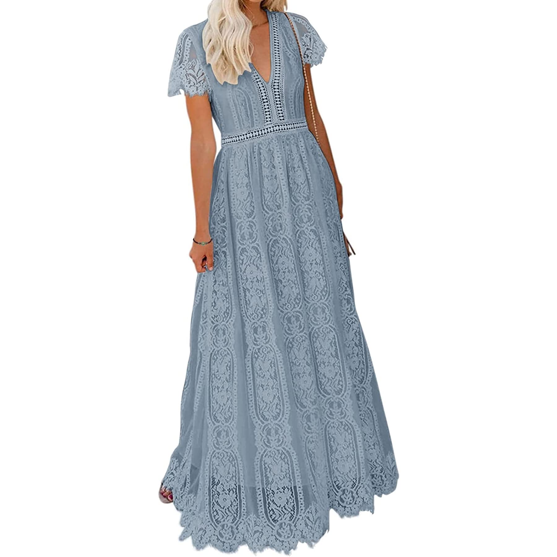 BIGSPCE Women's Sexy Floral Lace Long Dress - V-Neck Short Sleeve Bridesmaid Gown for Wedding, Cocktail Party & Formal Dinner | Elegant Evening Wear & Special Occasion Dress