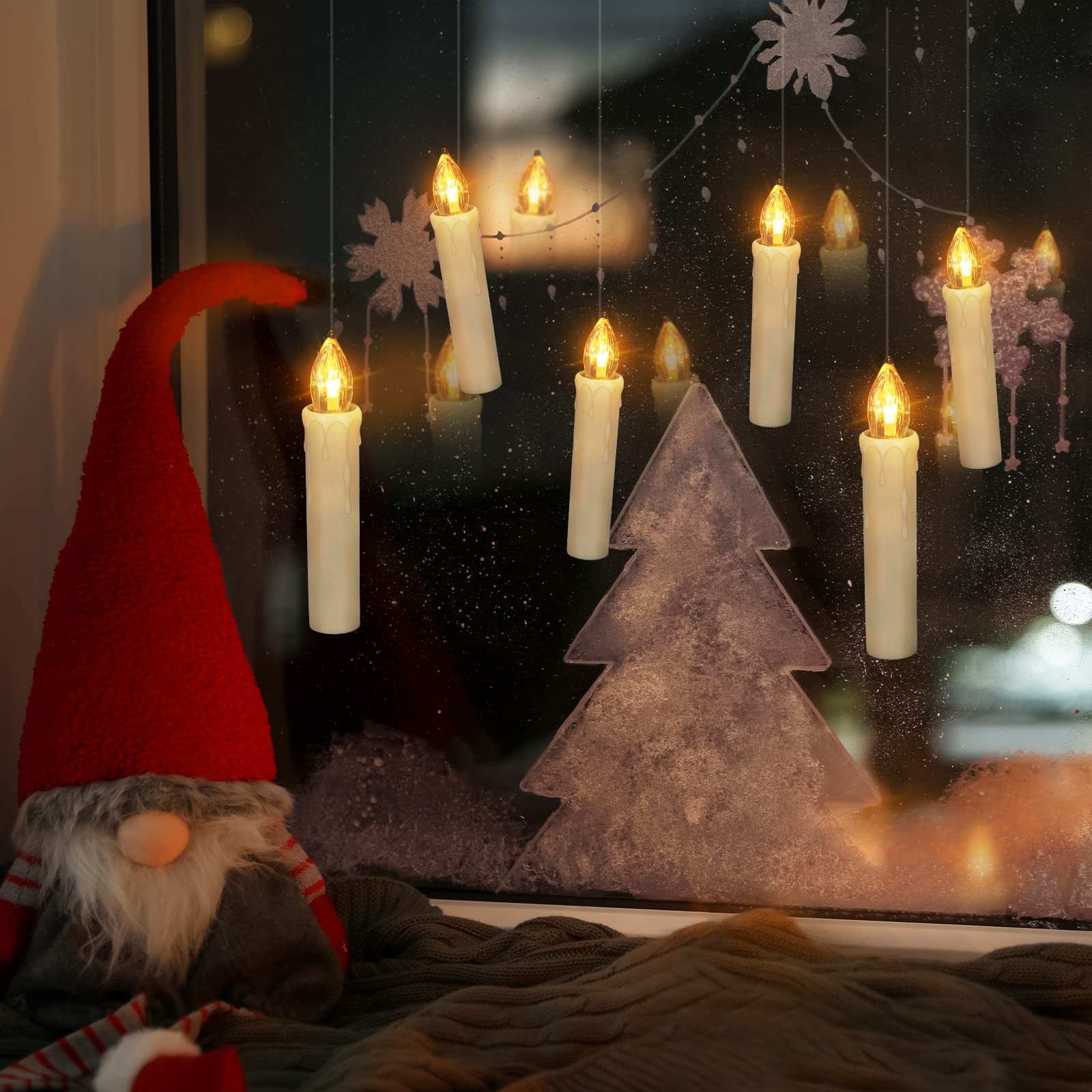 12 Pack Flameless LED Taper Candles with Timer & Remote - Battery Operated Flickering Window Candles with Clips & Suction Cups - Perfect for Christmas Tree, Home, Garden, Holiday, Wedding & Party Decorations