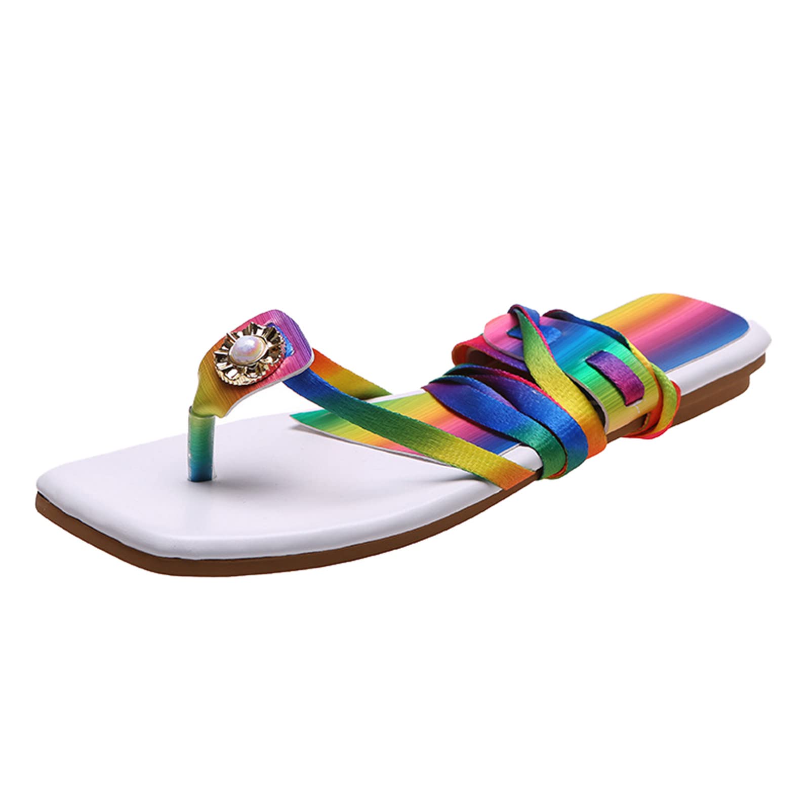 Women's Square Toe Flat Sandals - Comfortable Beach Walking Shoes with Colorful Straps | Size 8 | Perfect for Summer Vacations, Hiking & Casual Outings