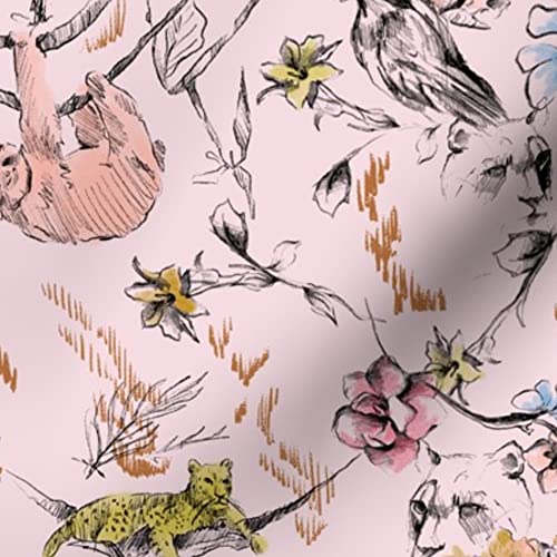 Pink Chinoiserie Monkey Sloth Tiger Cheetah Jungle Tropical Animal Print Minky Fabric - Soft Fat Quarter for Sewing Baby Blankets, Quilt Backing & Plush Toys - Perfect for Nursery Decor, DIY Projects & Home Crafts