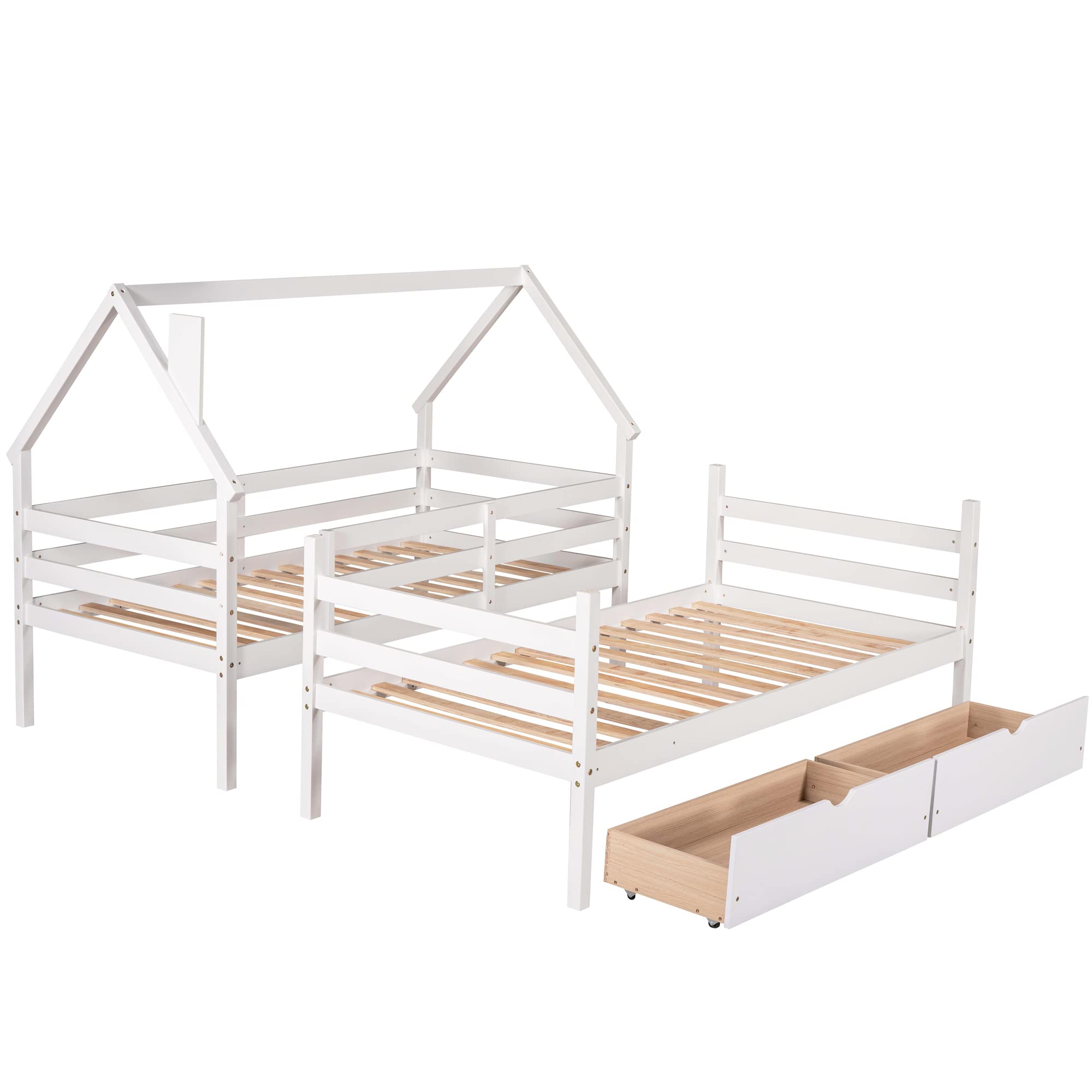 Twin Over Twin Wooden Bunk Bed with 2 Drawers & Chimney Design - Convertible to 2 Separate Beds for Kids, Teens & Toddlers - No Box Spring Required (White) | Perfect for Kids' Bedrooms, Guest Rooms & Space-Saving Home Solutions