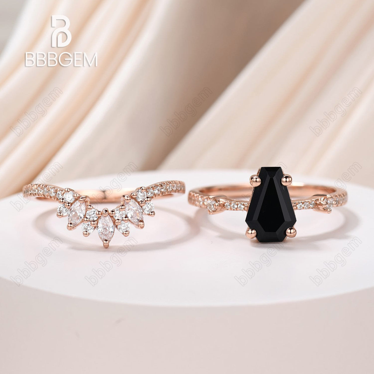 Unique Black Onyx Coffin Wedding Ring Set for Women - 14K Rose Gold Three-Stone Engagement Ring with Marquise Moissanite | Gothic Jewelry, Alternative Bridal Ring, Dark Romance Wedding Band