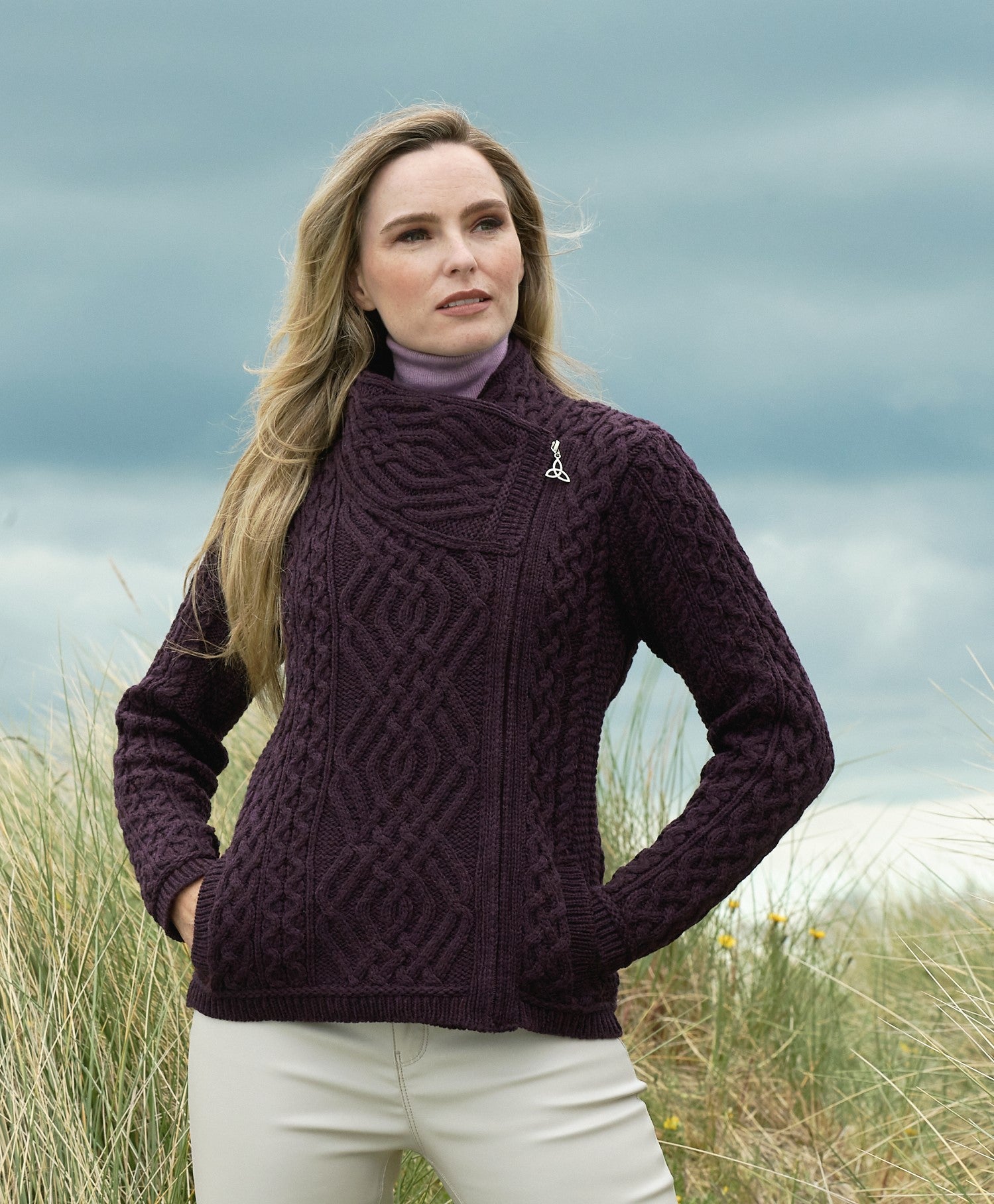 Aran Side Zip Mid Collar Cardigan Sweater for Women - 3 Color Options (Cream, Gray, Navy) | Warm Winter Knitwear for Office, Dating & Casual Outfits