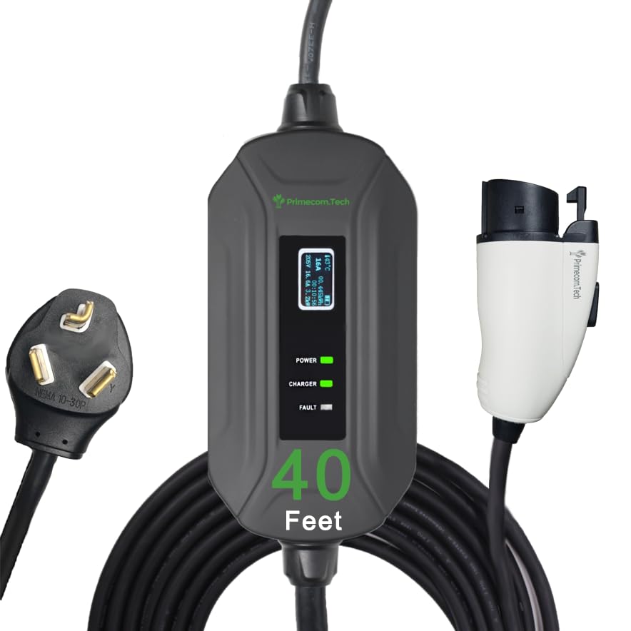 PRIMECOM Level 2 EV Charger 240V 16A Portable Smart Electric Car Charging Station - NEMA 10-30P Plug, 40ft Cable - Fast Charging for Tesla, Nissan Leaf, Chevy Bolt (Home & Garage Use)