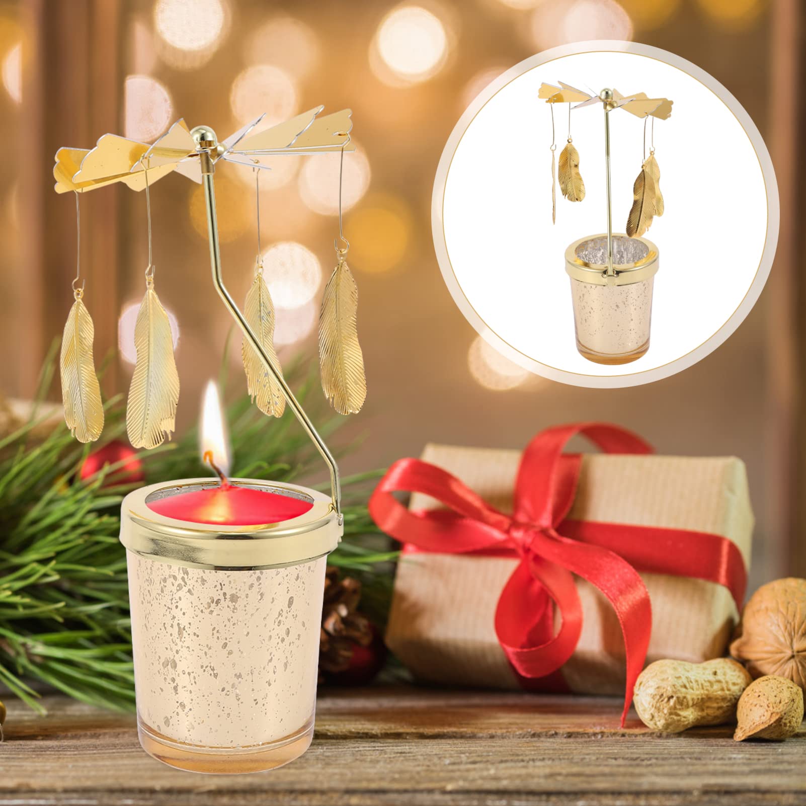 Beaupretty Spinning Candle Holder - Decorative Rotary Tealight Holder with Feather Design, Glass Carousel Candlestick for Christmas & Holiday Decor - Perfect for Table Centerpieces, Wedding Decorations, and Cozy Home Ambiance
