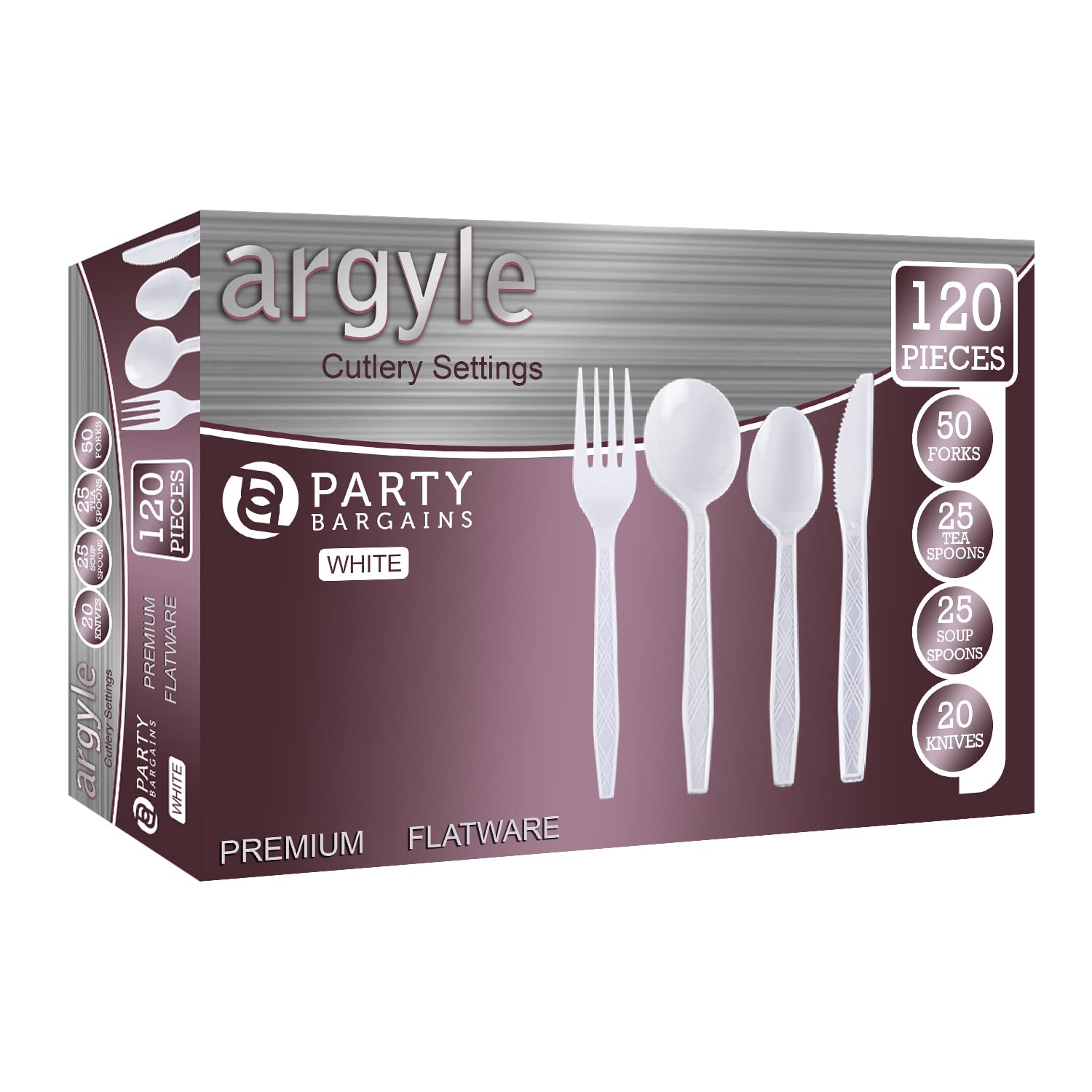 Premium 120-Piece Disposable Cutlery Set - 25 Soup Spoons, 25 Teaspoons, 50 Forks, 20 Knives - White Argyle Design for Parties, BBQs, Birthdays & Camping - Eco-Friendly Plastic Utensils for Catering, Takeout & Outdoor Events