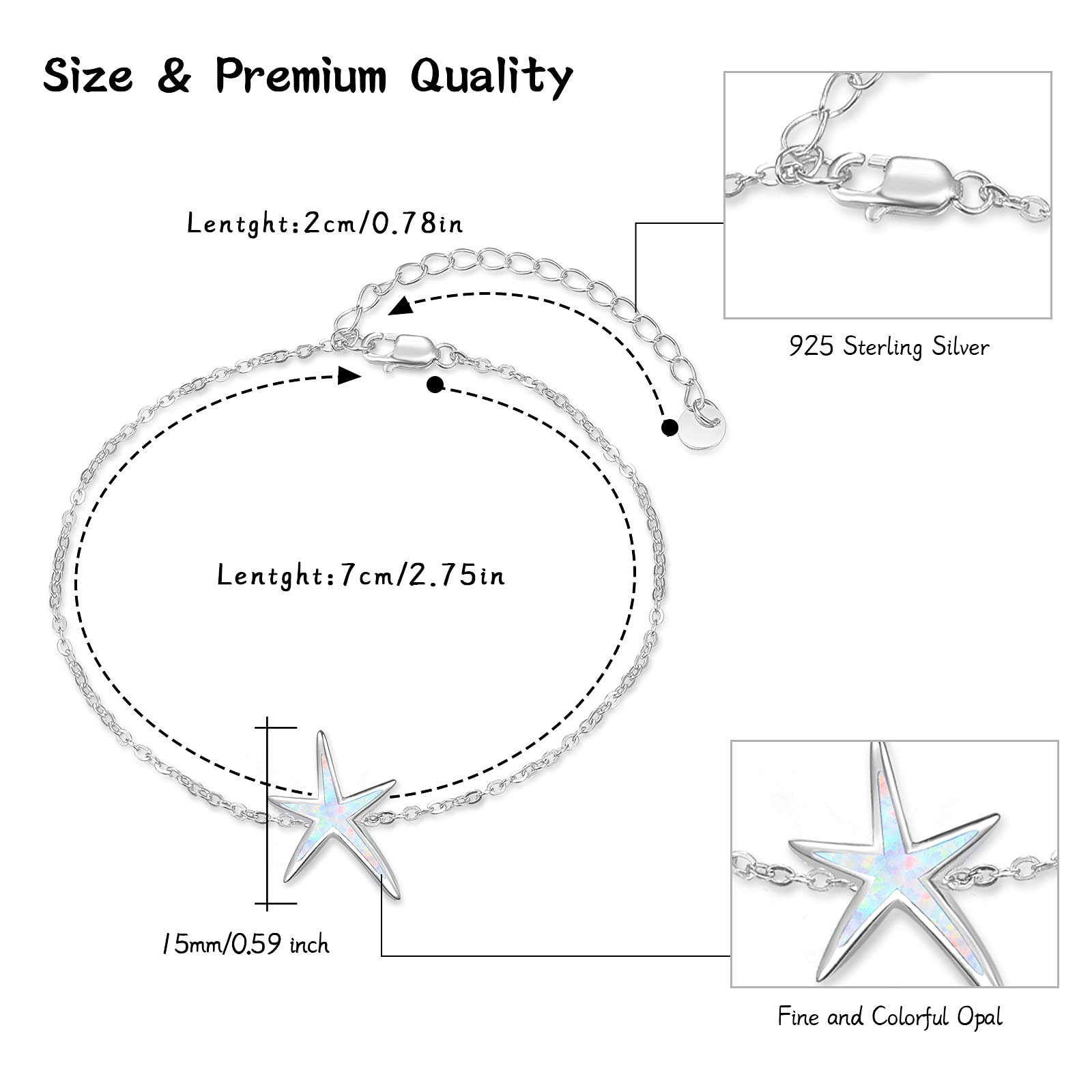 925 Sterling Silver Starfish Bracelet with White Fire Opal - Dainty Ocean Jewelry for Women | Perfect Birthday Gift, Beach Wedding & Summer Vacation Accessory