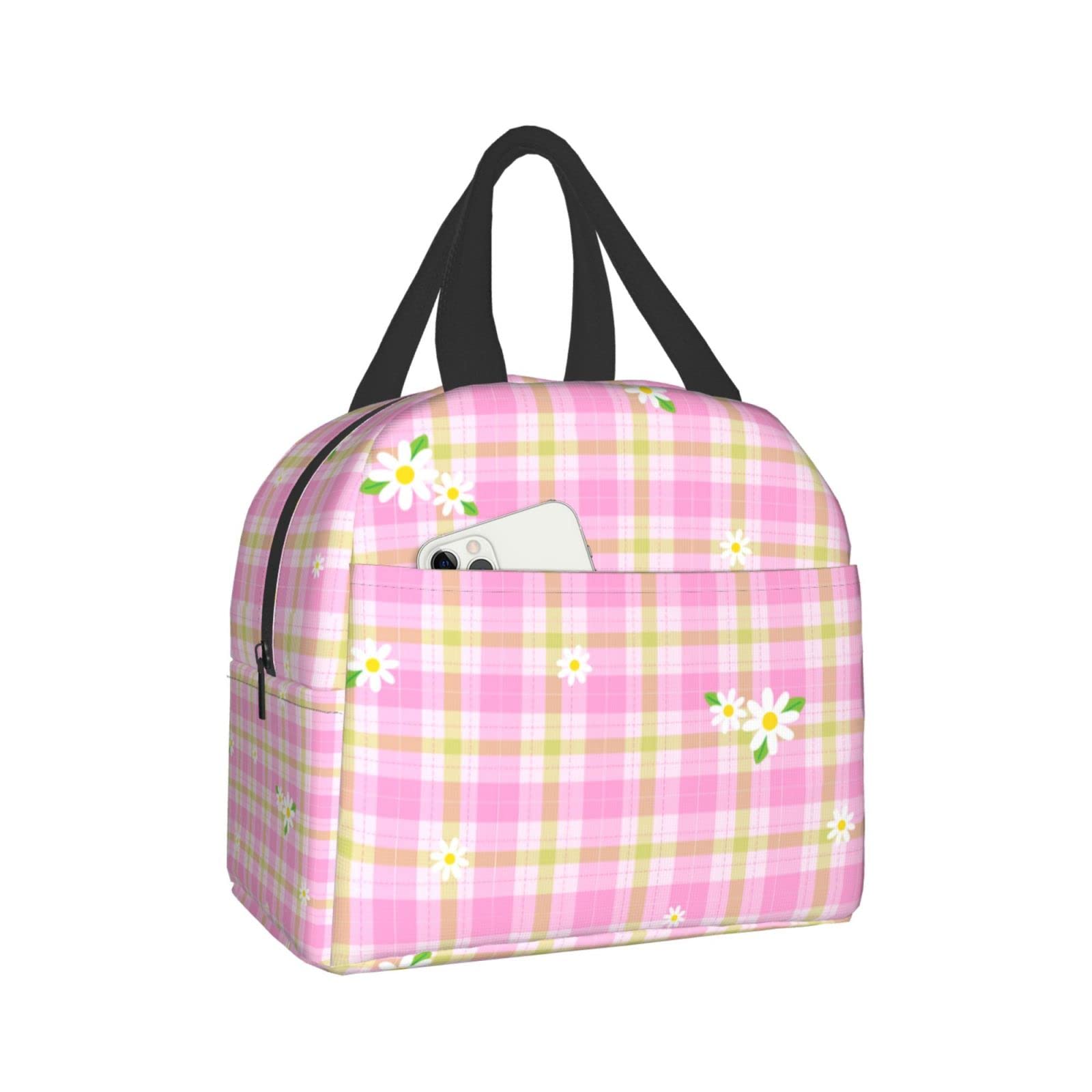 Eco-Friendly Kawaii Daisy Floral Pink Green Plaid Insulated Lunch Bag - Reusable Bento Box & Cooler Tote for Women & Men - Leakproof Food Container for Work Lunch & Meal Prep | Perfect for Office, School, Travel, Picnic, Hiking, Beach & Camping | Keep Meals Fresh for Daily Commute & Outdoor Adventures | Ideal for College Students, Office Workers & Outdoor Enthusiasts