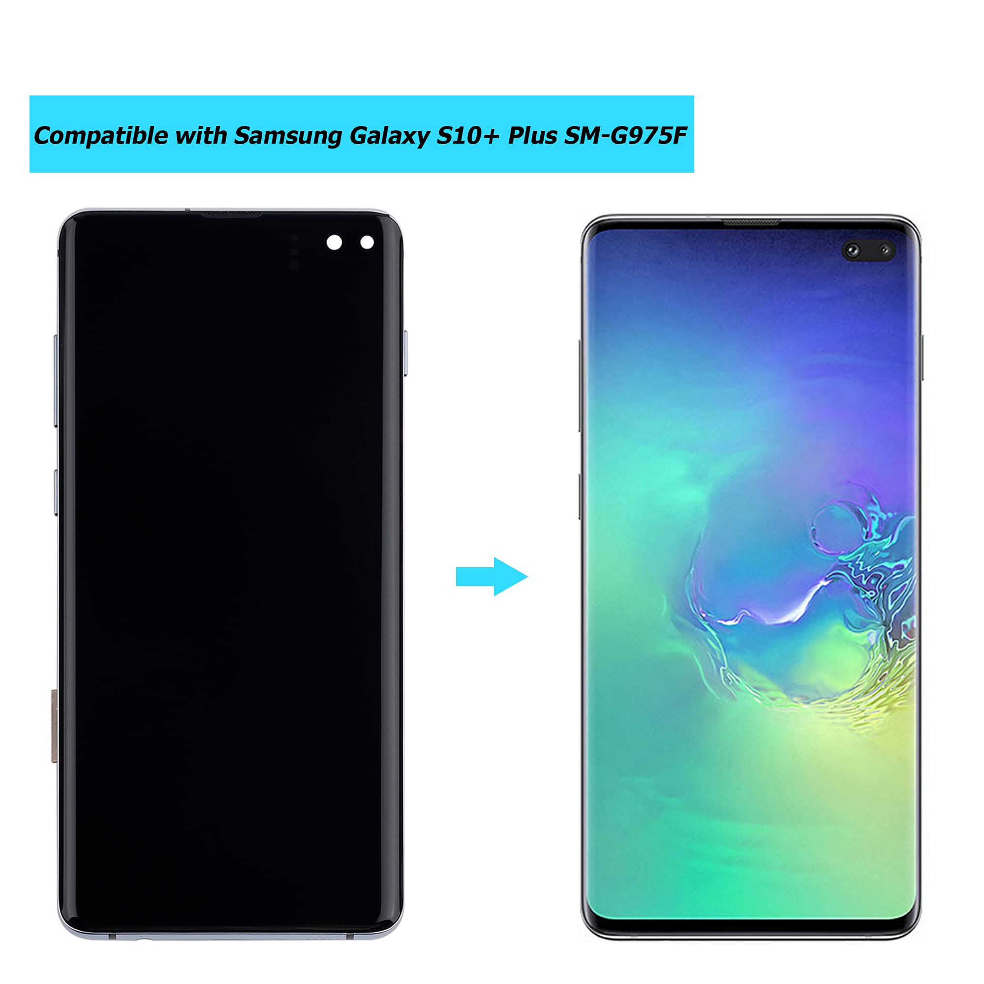 Samsung Galaxy S10+ Plus AMOLED LCD Touch Screen Display Replacement - Compatible with SM-G975F SM-G975U SM-G975W Models (Blue with Frame & Tools) - Perfect for DIY Phone Repair & Screen Replacement