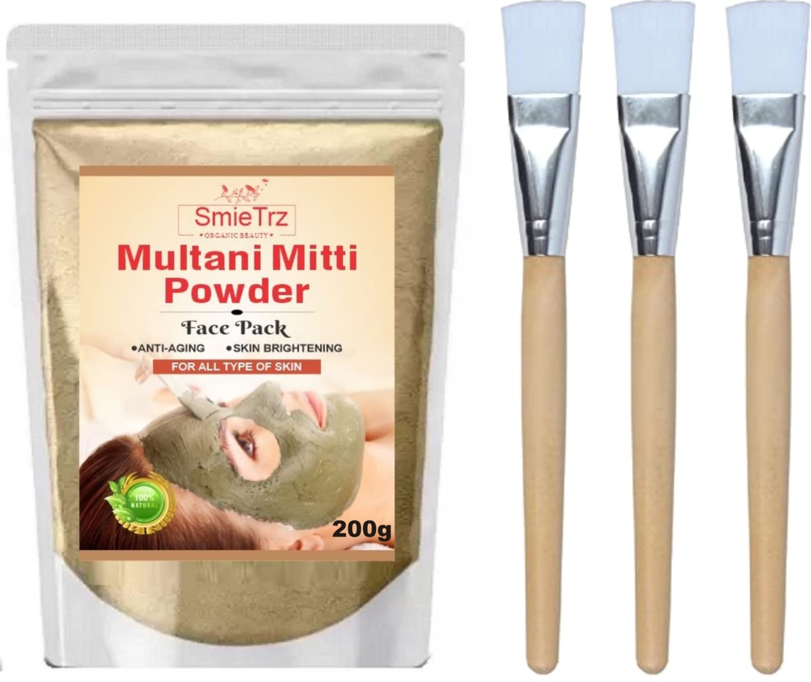 Multani Mitti Clay Face Mask for Hydrating & Glowing Skin - 200g Natural Clay Pack with 3 Brushes | Paraben-Free, Silicone-Free, Sulfate-Free | Deep Cleansing & Brightening Facial Treatment for All Skin Types | Perfect for Spa Day, Detox & Self-Care Routine