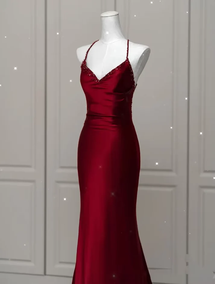 Burgundy Satin Mermaid Prom Dress with Spaghetti Straps & Backless Design - Elegant Evening Gown for Homecoming, Formal Dances & Special Occasions