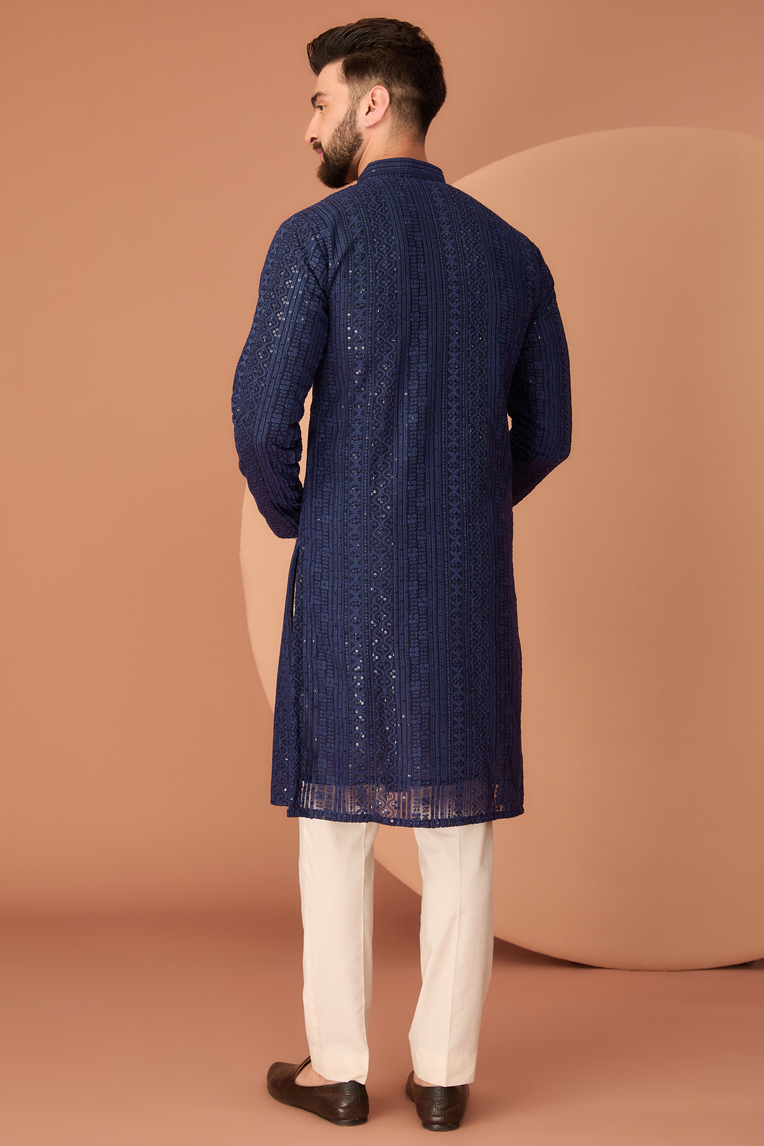 Elegant Navy Blue Chikankari Kurta with Intricate Thread & Sequin Embroidery - Perfect for Festivals, Weddings & Ethnic Occasions