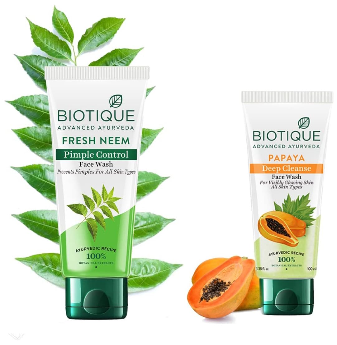 Biotique Bio Neem Purifying Face Wash for Acne & Oily Skin - 150ml | Bio Papaya Brightening Face Wash with Gentle Exfoliation - 100ml | Natural Skincare for Daily Cleansing & Glowing Complexion