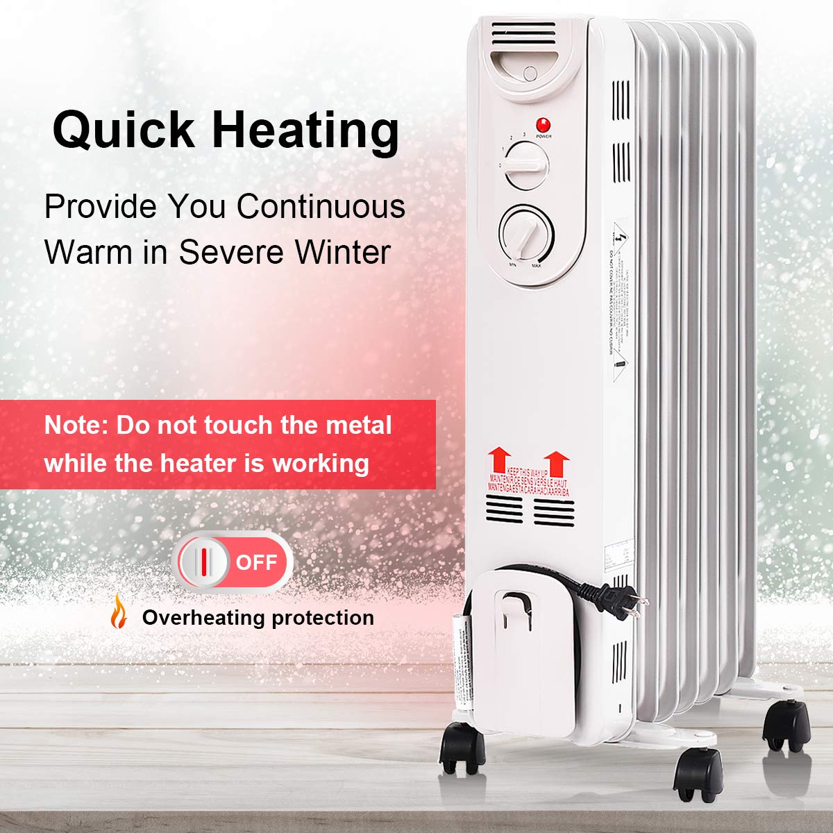 GOFLAME 1500W Oil Filled Radiator Heater with Wheels - Portable Space Heater for Home & Office with Adjustable Thermostat, 3 Heat Settings, Tip-Over & Overheat Protection - Quiet, Energy Efficient Heating for Bedrooms, Living Rooms & Workspaces