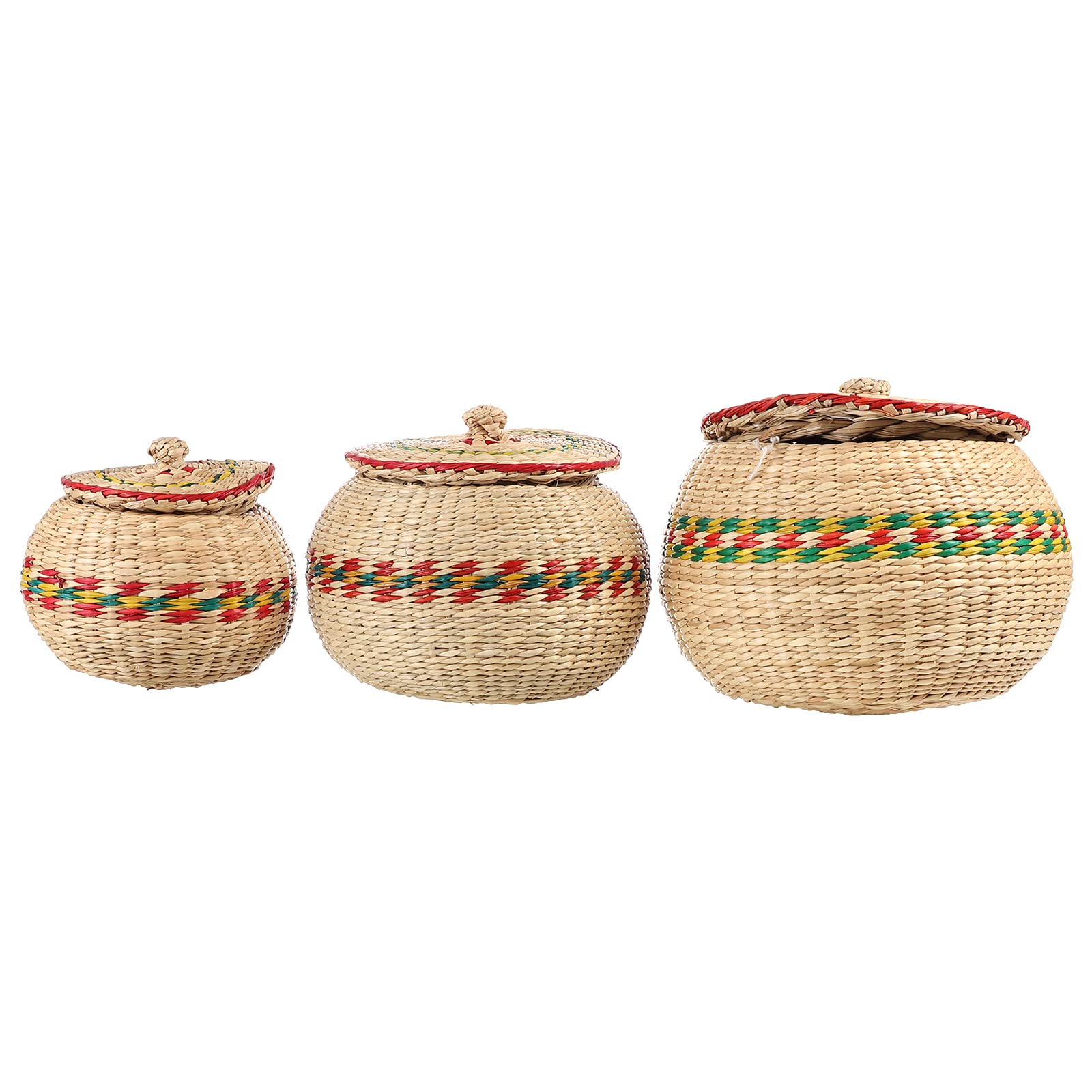 DOITOOL 3-Piece Woven Straw Storage Baskets with Lids - Snack, Office & Home Organization Containers for Desk, Kitchen, Bathroom (Assorted Colors) | Perfect for Storing Fruits, Candy, Makeup & Small Items