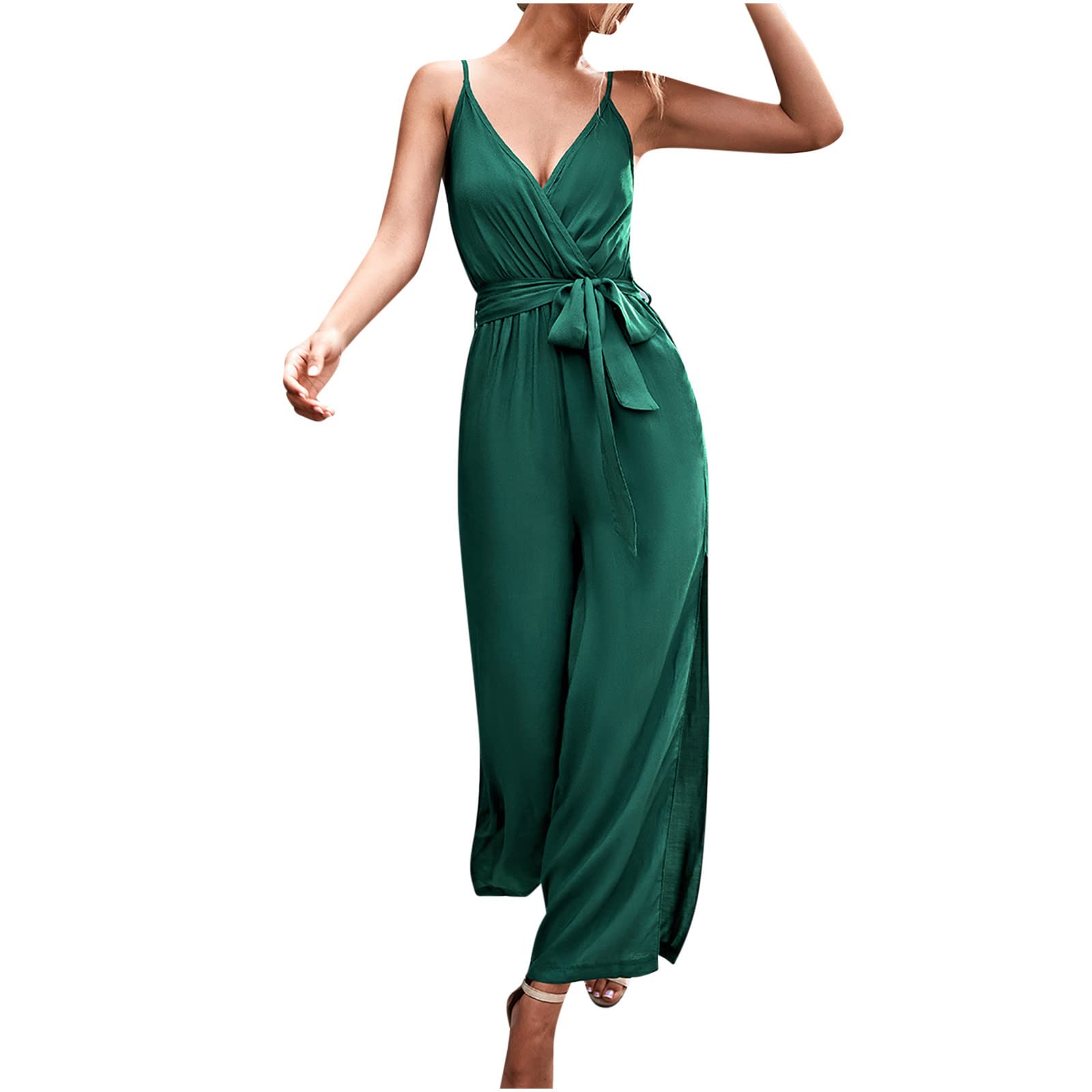 Trendy Women's V-Neck Overalls - Sleeveless Strap Jumpsuit with Side Slit | Casual One-Piece Romper for Summer 2023 | Perfect for Beach, Music Festivals & Street Style