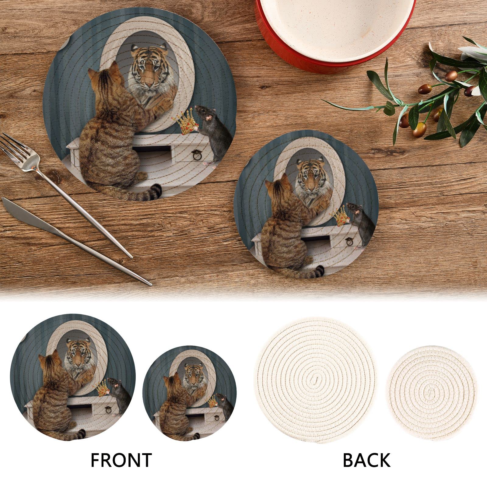 Beige Cat & Tiger Pot Holders Set of 2 - Heat Resistant Trivets for Hot Dishes, Cute Animal-Themed Cotton Woven Hot Pads for Pans, Bowls & Teapots - Perfect for Kitchen Decor & Dinner Party Serving