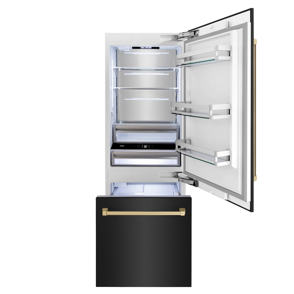 ZLINE Autograph Edition 30 Inch Built-In Bottom Freezer Refrigerator - 16.1 cu ft Capacity, Black Stainless Steel with Champagne Bronze Accents, Water Dispenser & Ice Maker - Perfect for Modern Kitchens & Open-Concept Living Spaces