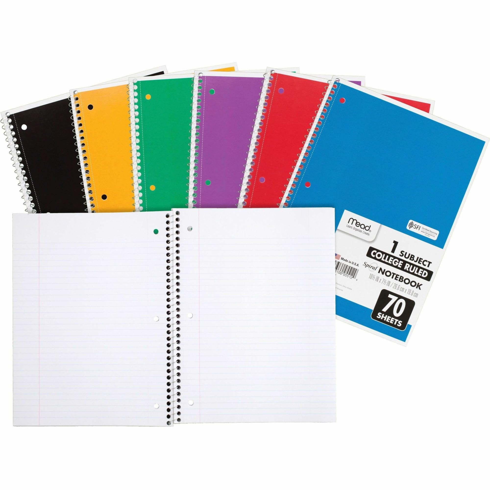 Mead Spiral Notebook 1 Subject College Ruled 70 Sheets - Assorted Colors (Color May Vary) - 1 Count (05512) for School, Office & Journaling