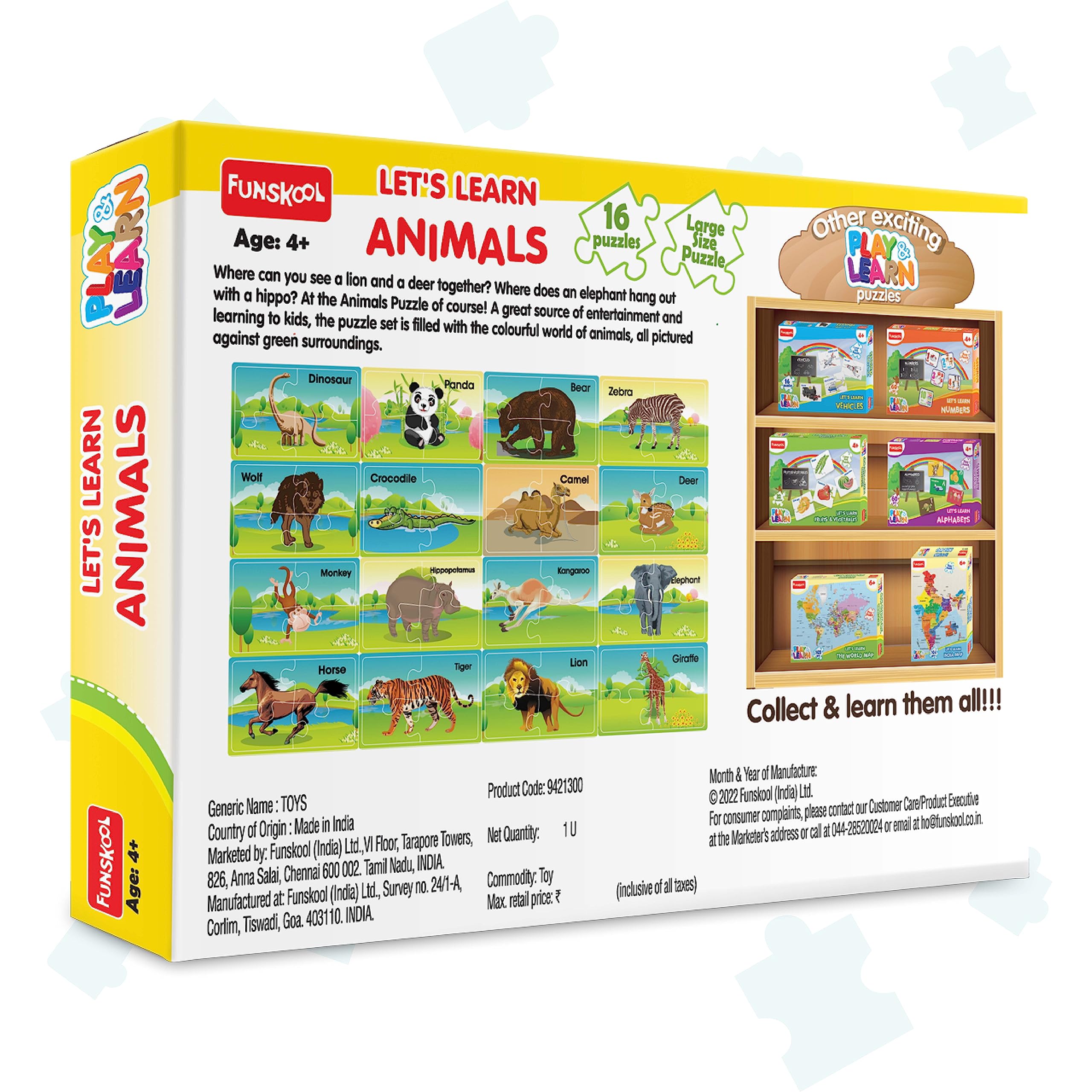 Funskool Play & Learn Animals Puzzle - 16 Piece Educational Toy for Kids Ages 3+ | Multicolor Learning Game for Preschool Development & Family Bonding Activities