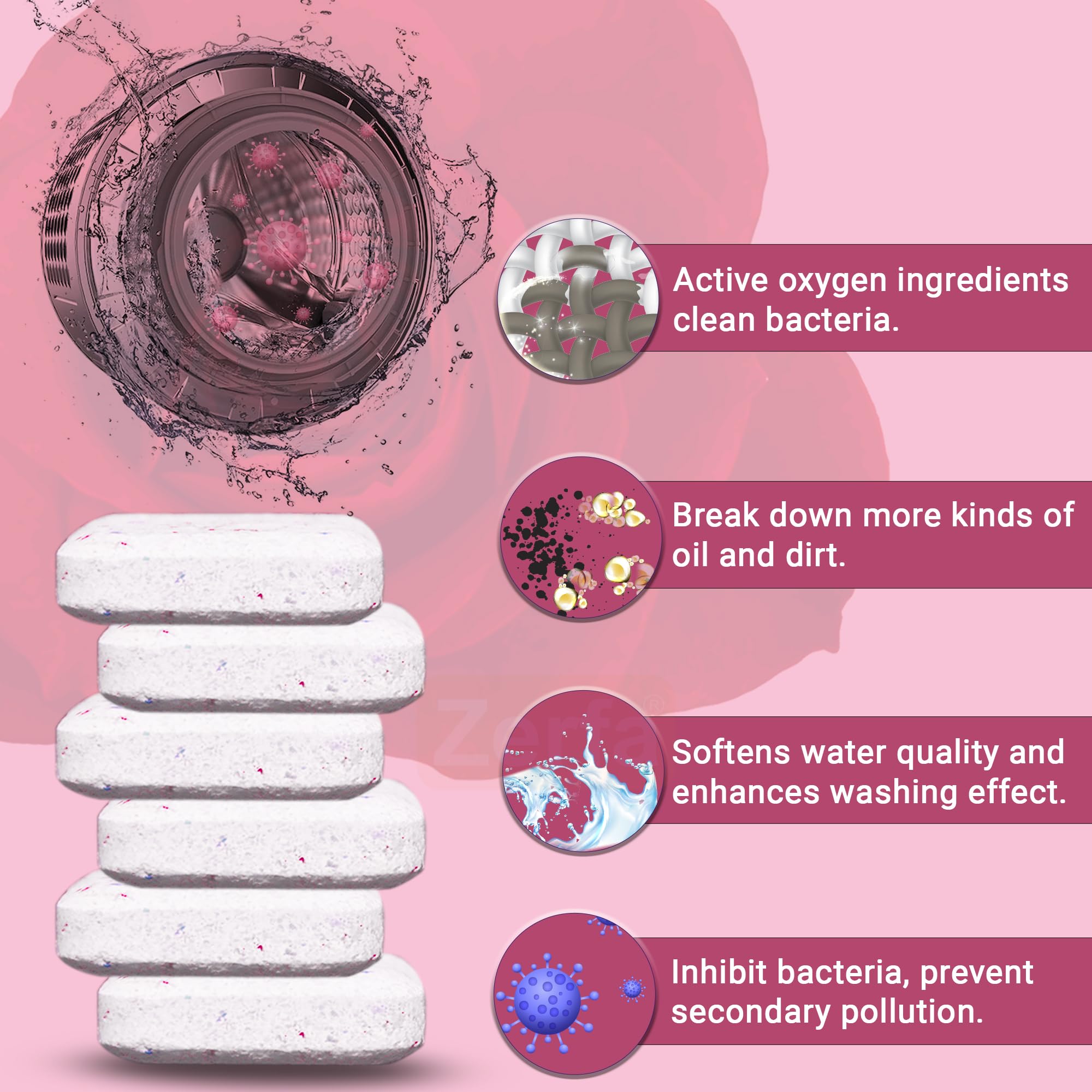 Zerfa 36-Pack Rose Scented Washing Machine Cleaner & Descaler Tablets - Deep Cleaning for Front & Top Load Washers - Removes Limescale, Odors & Stains - Ideal for Laundry Maintenance & Appliance Care