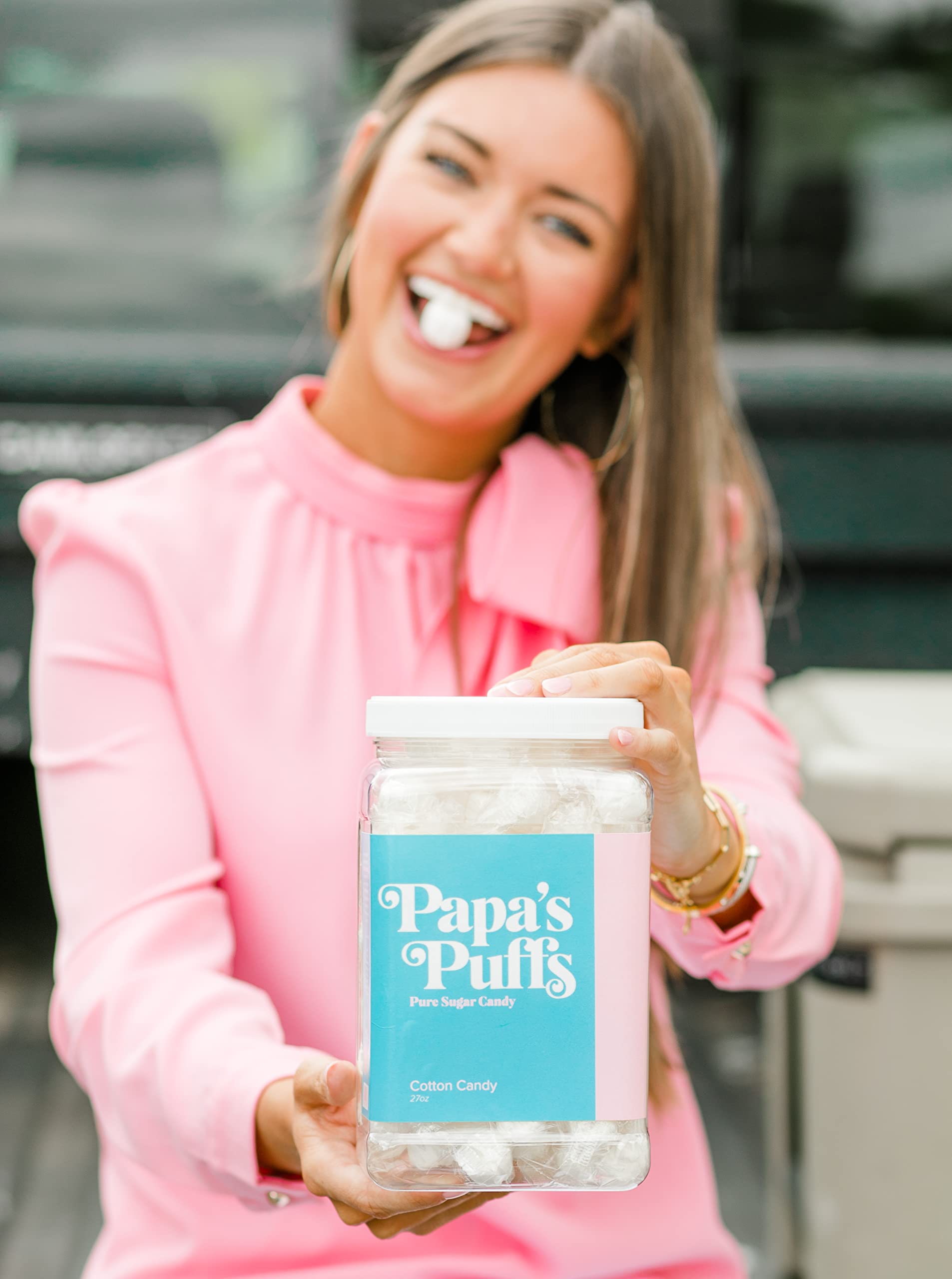 Papa's Puffs Cotton Candy Flavored Pure Sugar Candy - Individually Wrapped Resealable Tub - Fat Free, Gluten Free, Cholesterol Free - Made in USA - Perfect for Parties, Gifts & Sweet Cravings