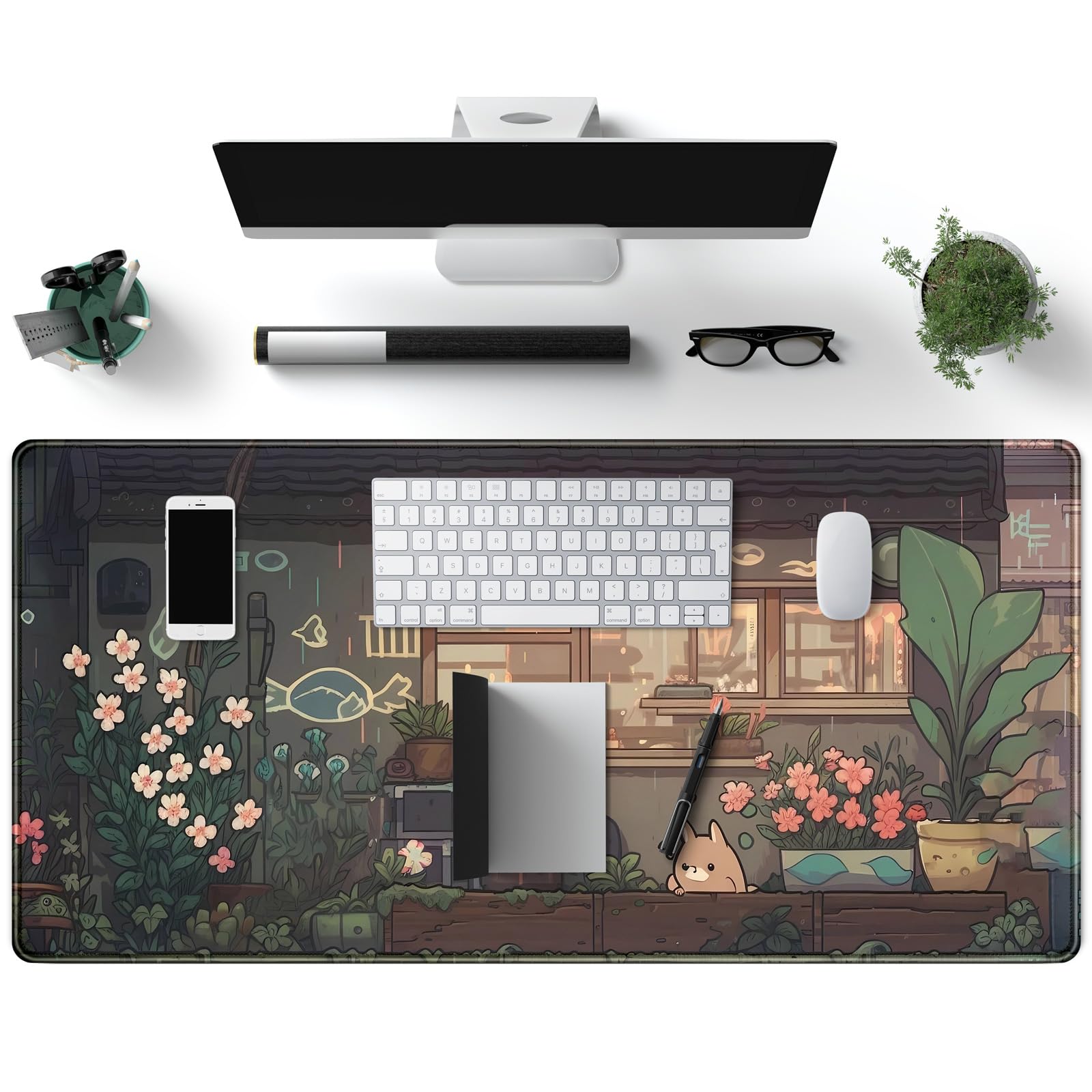 Japanese Anime Kawaii Cat & Green Plants XXL Gaming Mouse Pad - 31.5''x15.7'' Extended Desk Mat for PC, Keyboard & Office Decor | Cute Large Mousepad for Gamers, Anime Fans & Workspace Setup