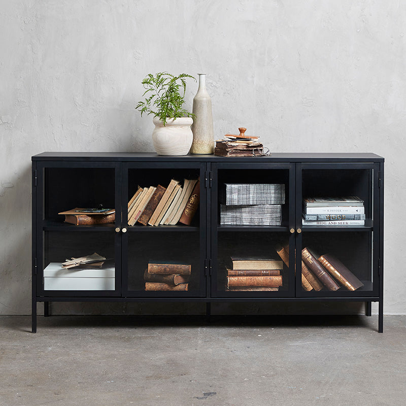 Modern CARMEL 4 Glass Door Sideboard Buffet Cabinet - 170cm Wide Black Wooden Storage Unit for Dining Room & Living Room - Perfect for Displaying China, Glassware & Home Decor